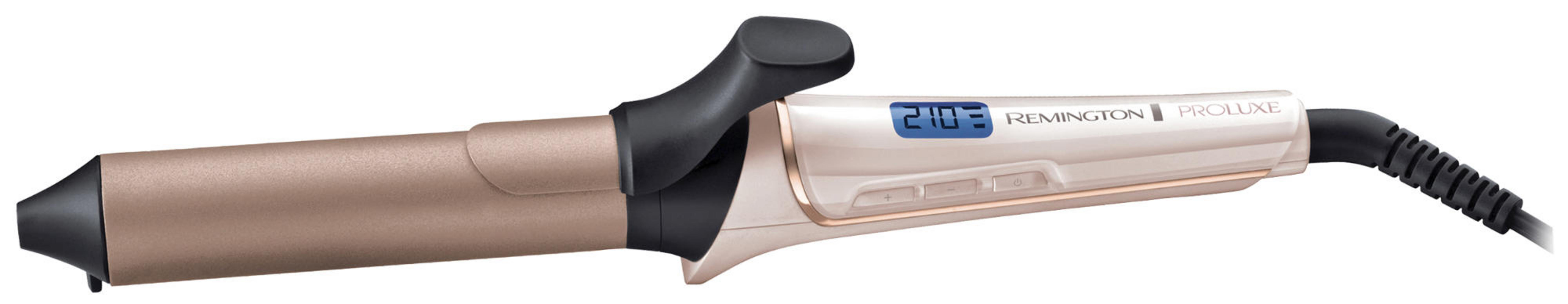 Złota lokówka Remington Proluxe z cyfrowym wyświetlaczem temperatury 210°C.