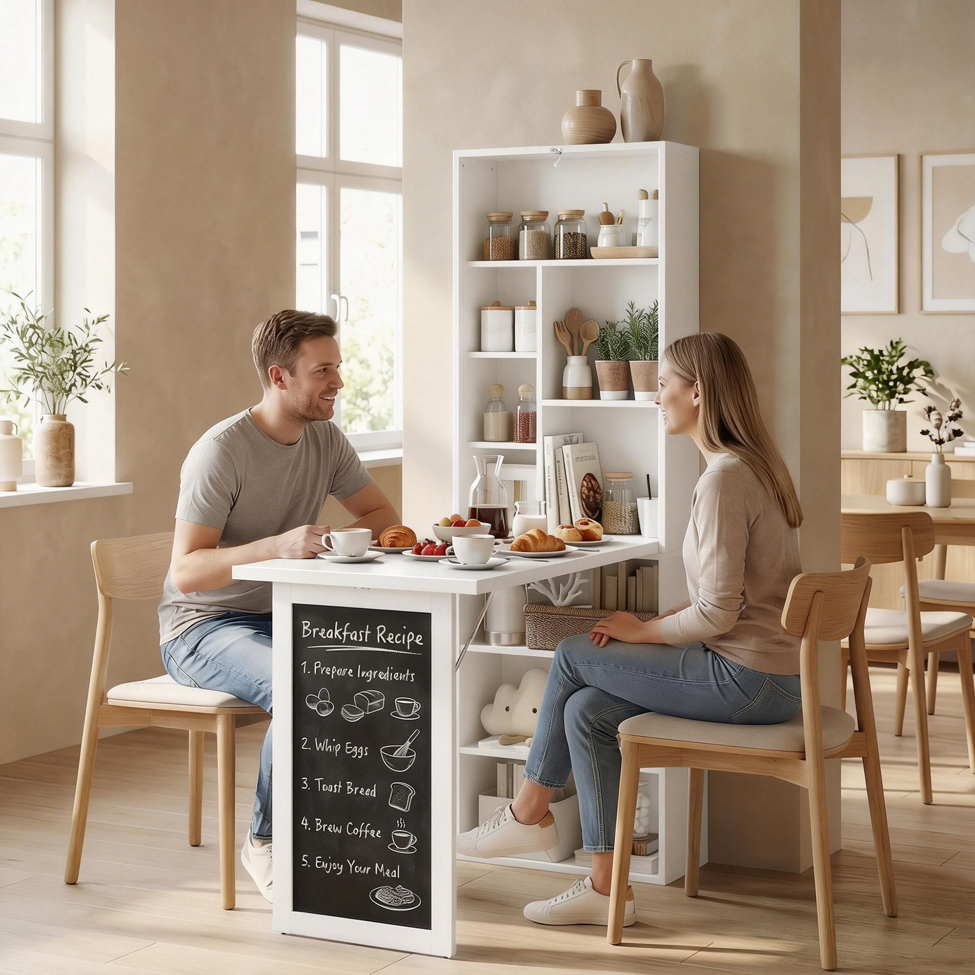 Uomo e donna seduti a un tavolo bianco con colazione. Una libreria accanto.