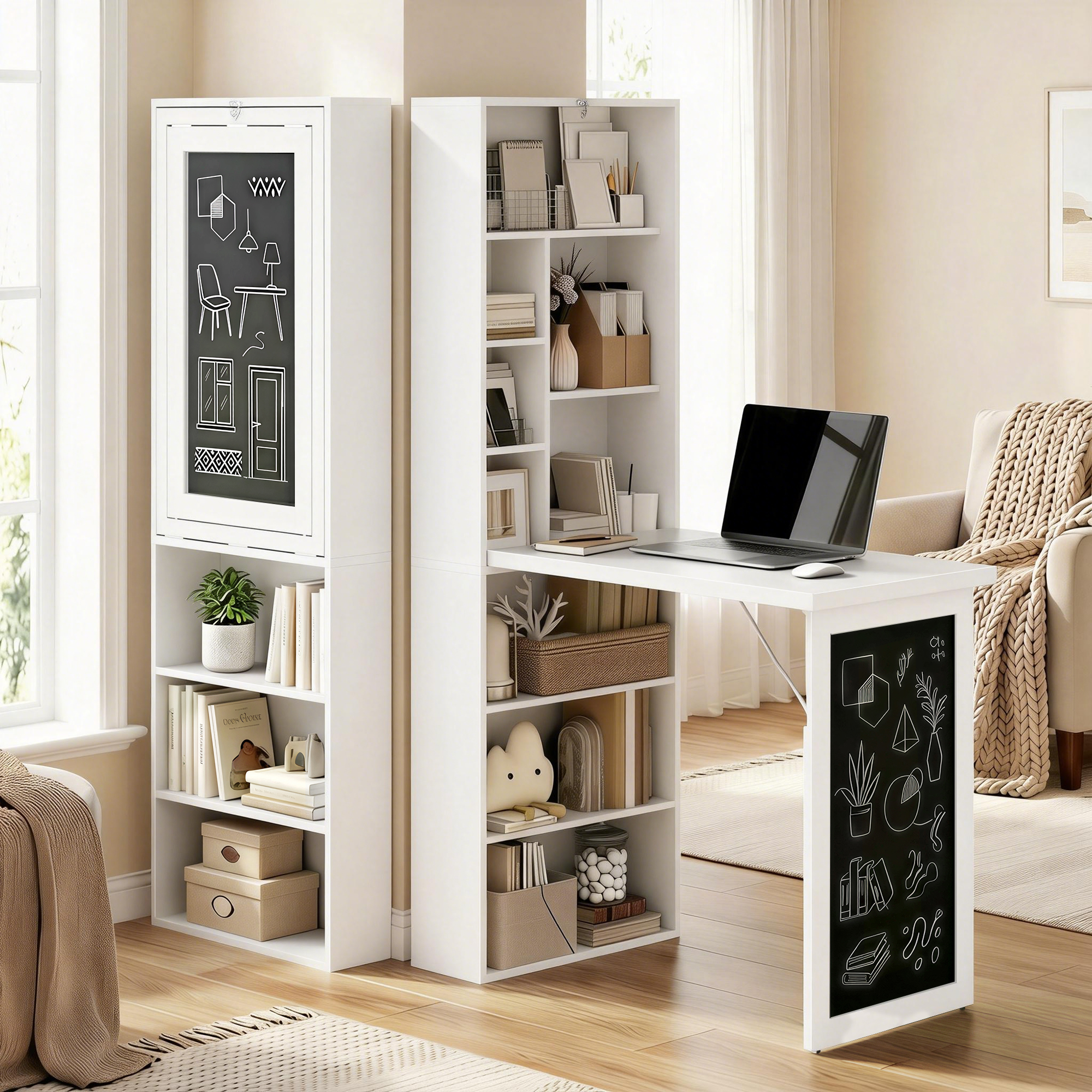 Una libreria bianca con scrivania e laptop. Decorazioni e libri sono visibili.