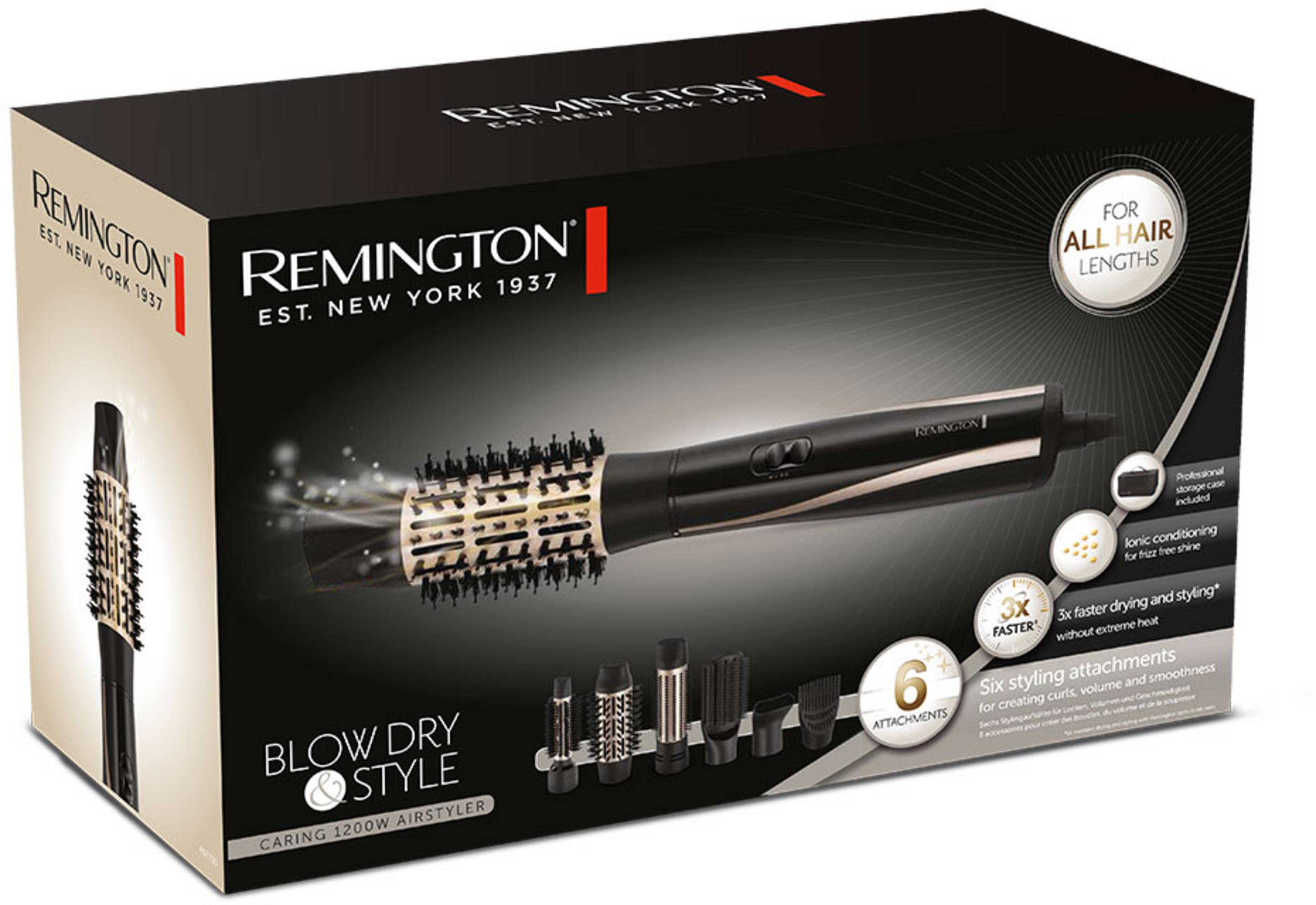 Remington Haartrockner-Stylingbürste mit 6 Aufsätzen und Zubehör auf schwarzer Verpackung.