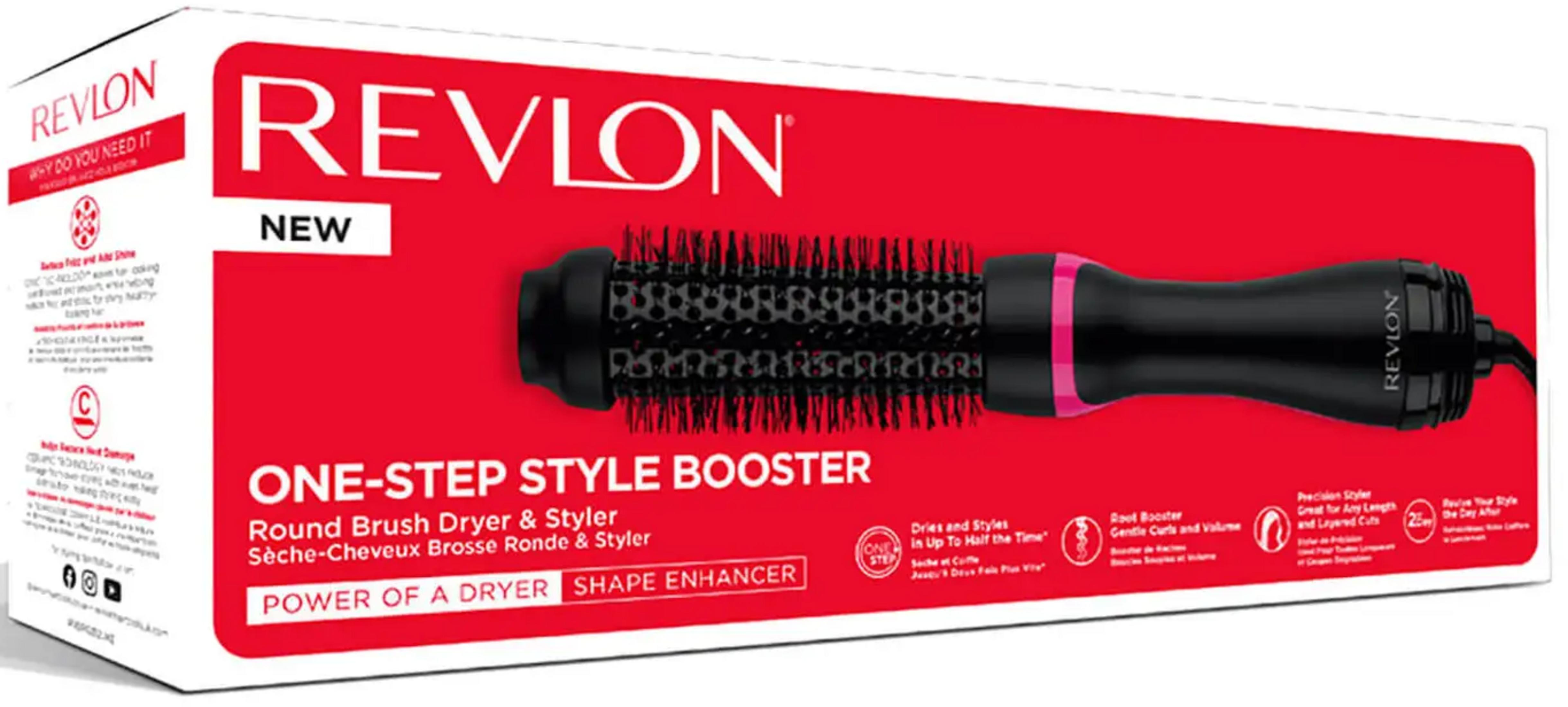 Confezione di un asciugacapelli e styler a spazzola tonda Revlon in rosso, mostra prodotto.
