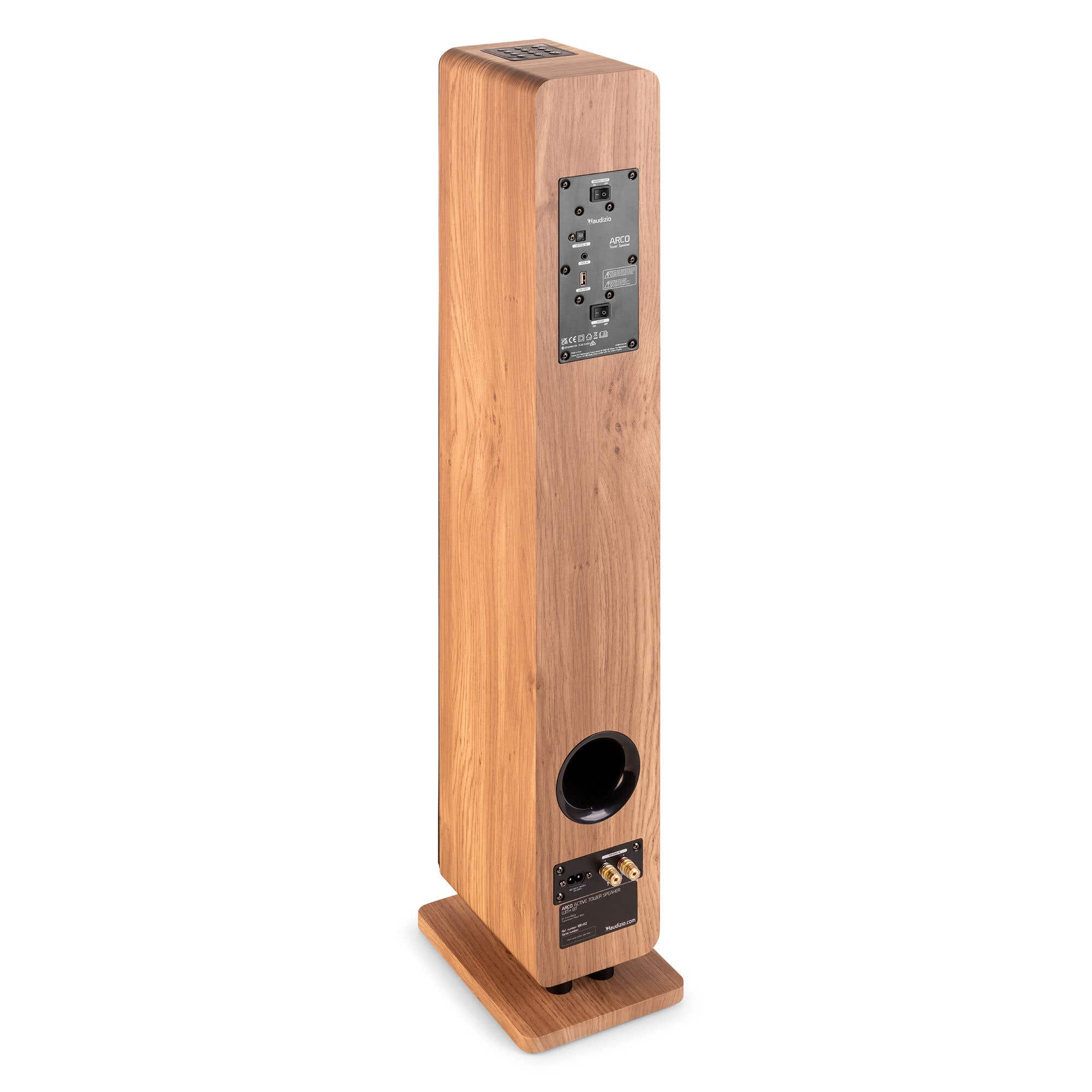 Reverso de un altavoz delgado de madera con conexiones y puerto bass reflex. Grano de madera visible.