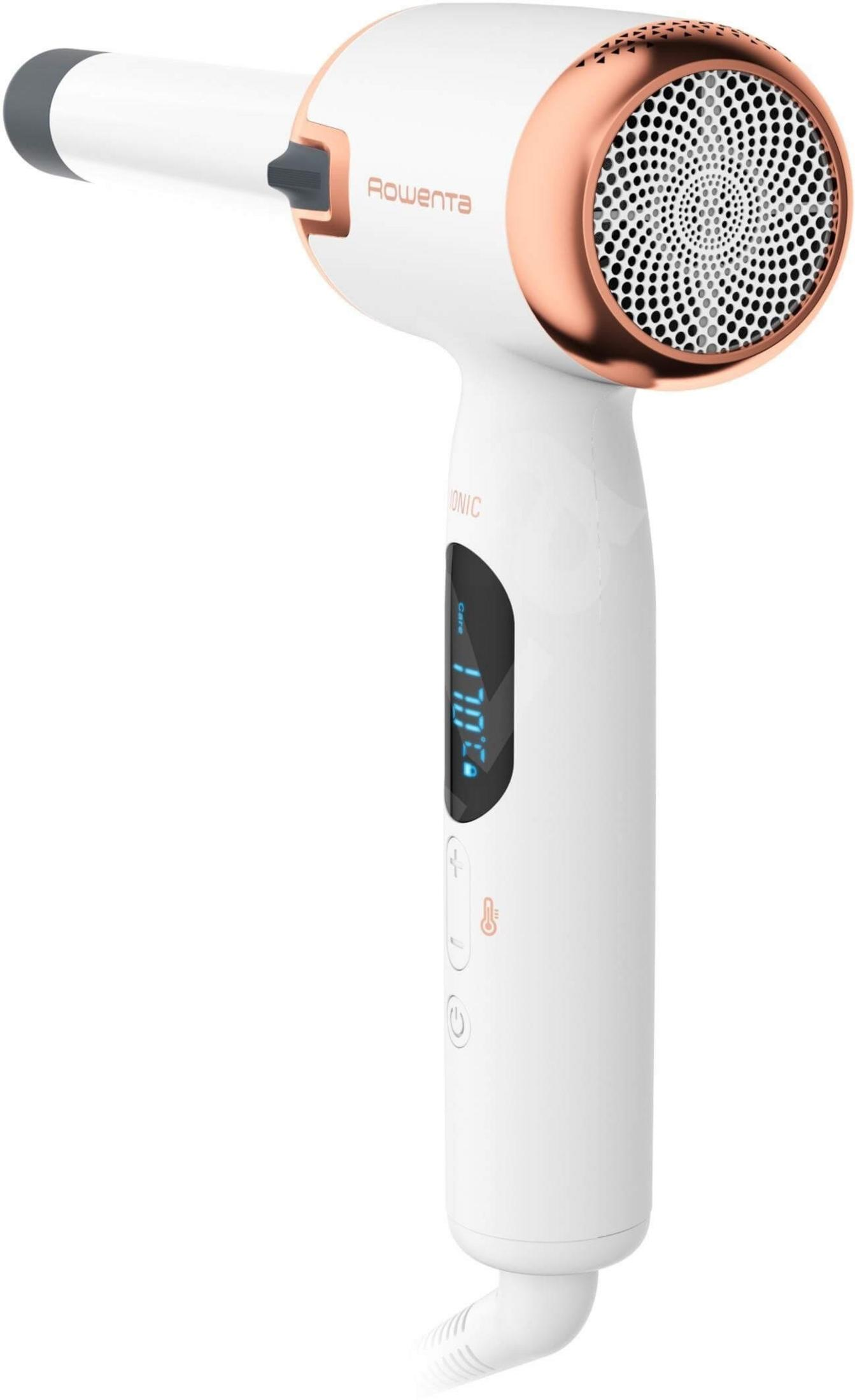 Secador de pelo Rowenta blanco con detalles en oro rosa y pantalla digital que muestra 170°C.
