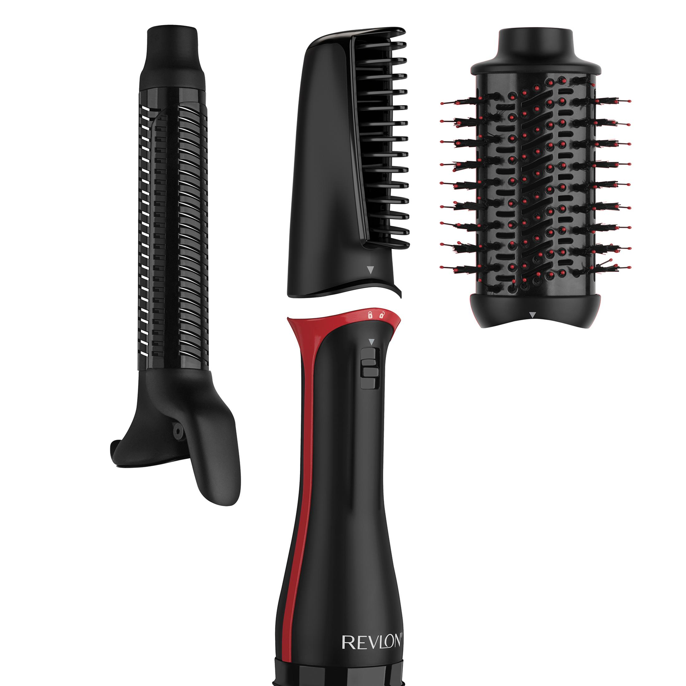 Een zwarte Revlon haardroger met rode accenten en drie opzetstukken.