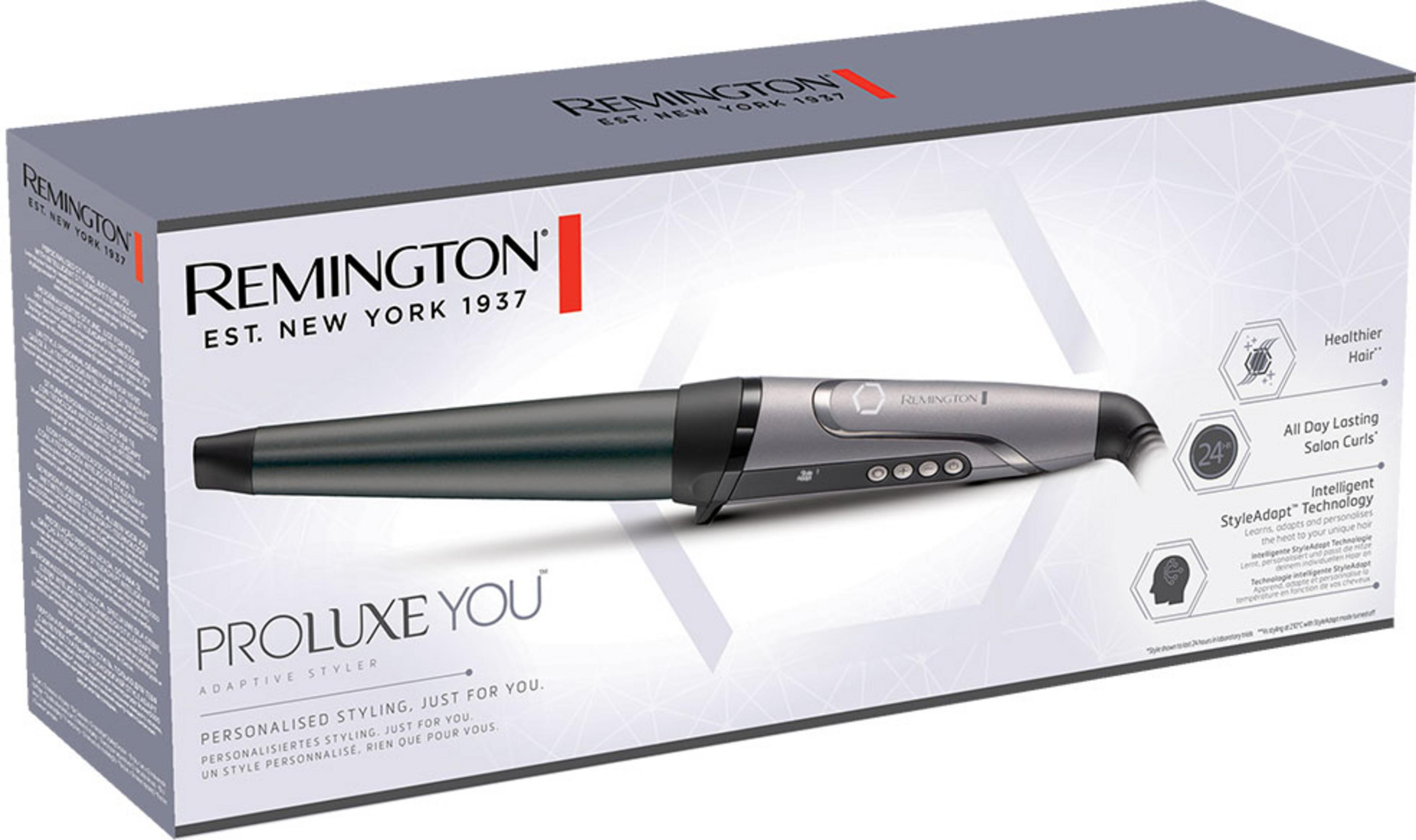 Pudełko lokówki Remington z elegancką, szaro-czarną lokówką.