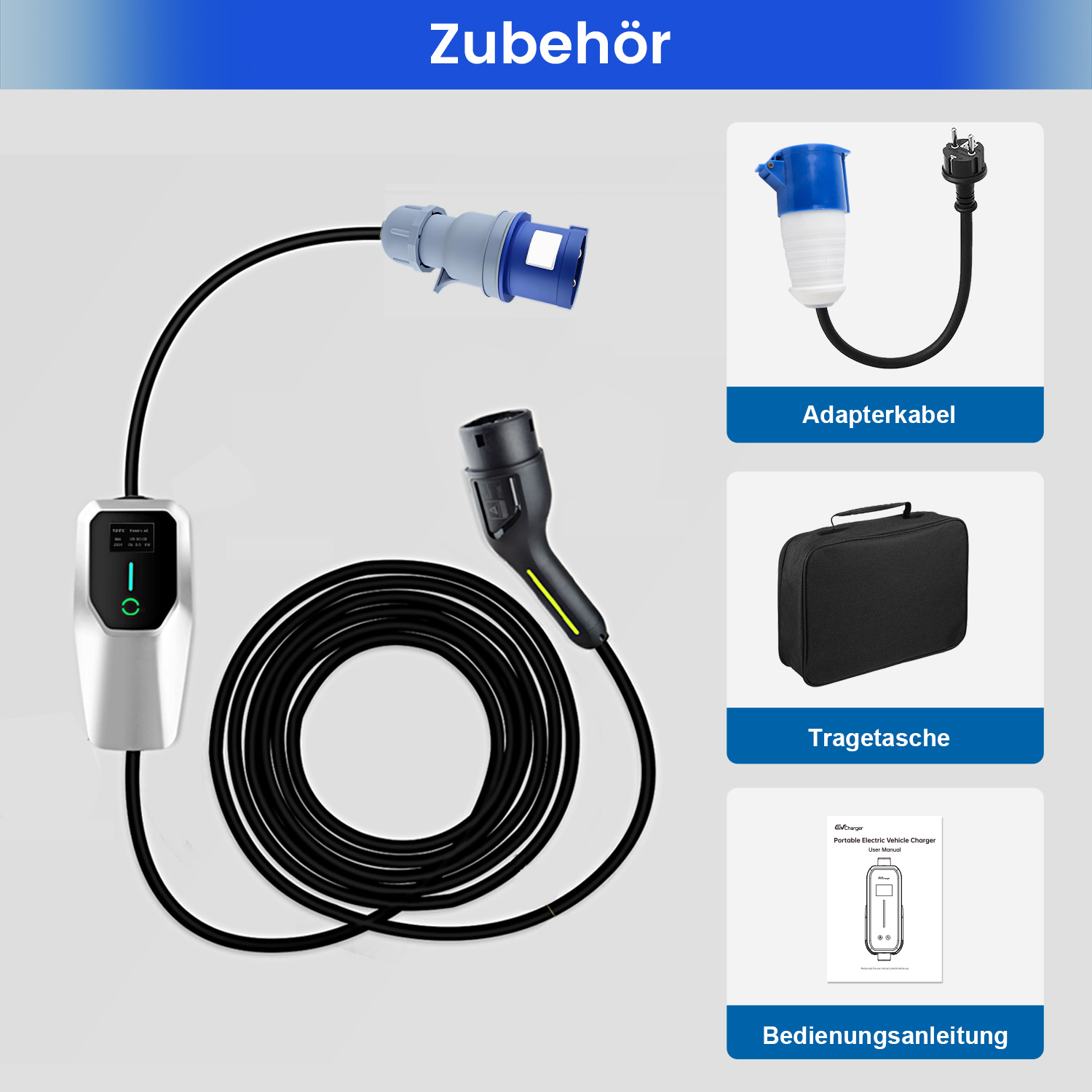 Ladegerät, Adapterkabel, Tragetasche und Bedienungsanleitung für Elektrofahrzeuge.
