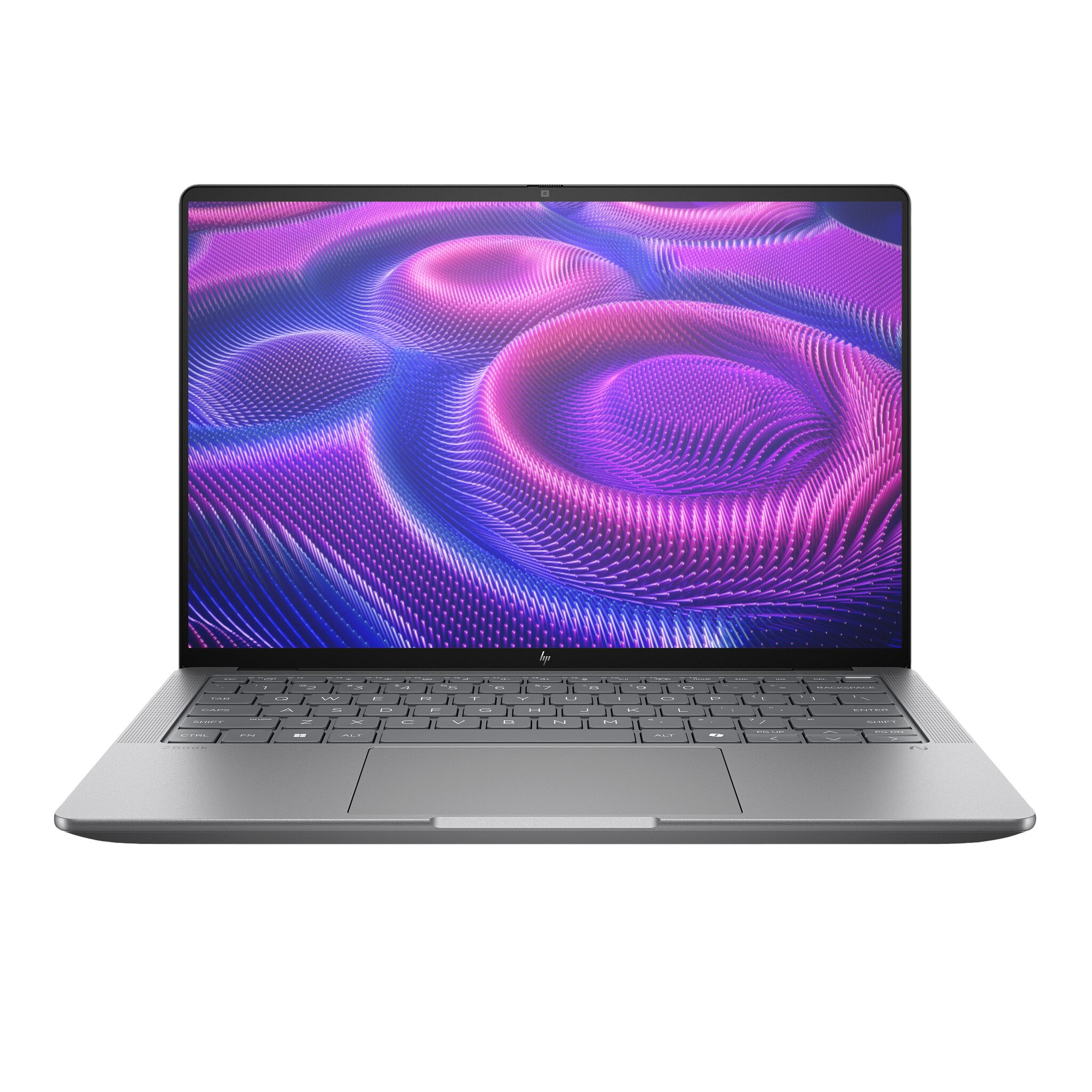 Un laptop argentato chiuso che visualizza uno sfondo astratto e vibrante sullo schermo.