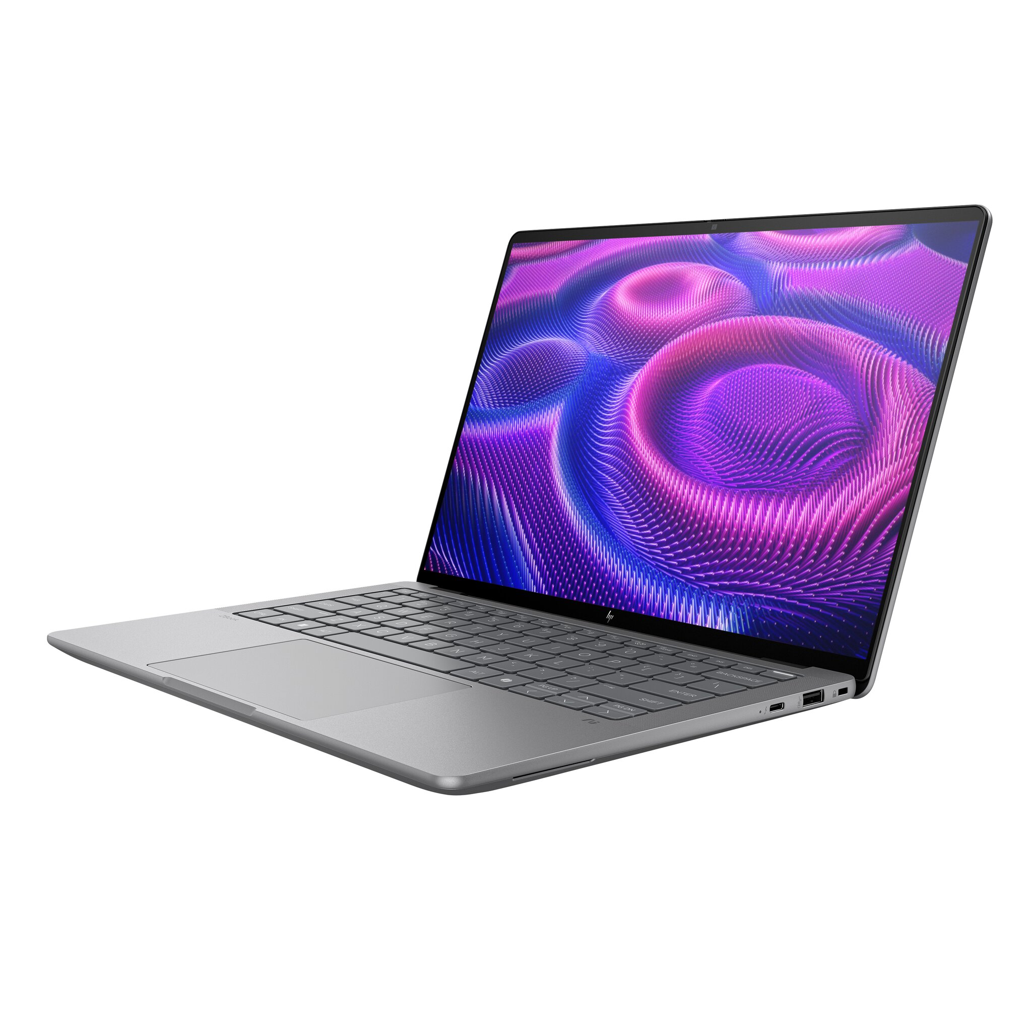 Un laptop argentato con uno sfondo astratto viola e blu visualizzato sul suo schermo.
