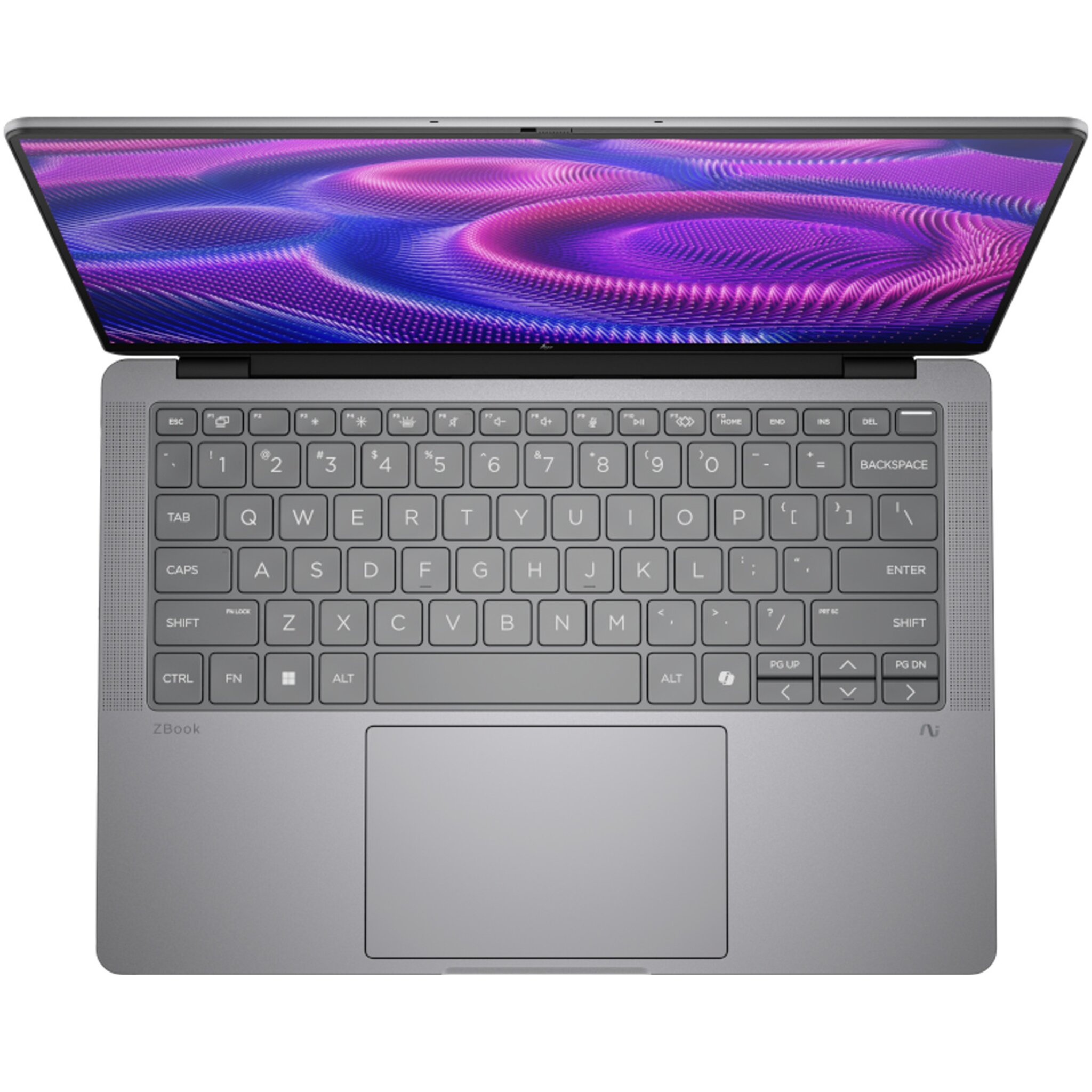 Un laptop argentato aperto mostra uno sfondo astratto e colorato sullo schermo.