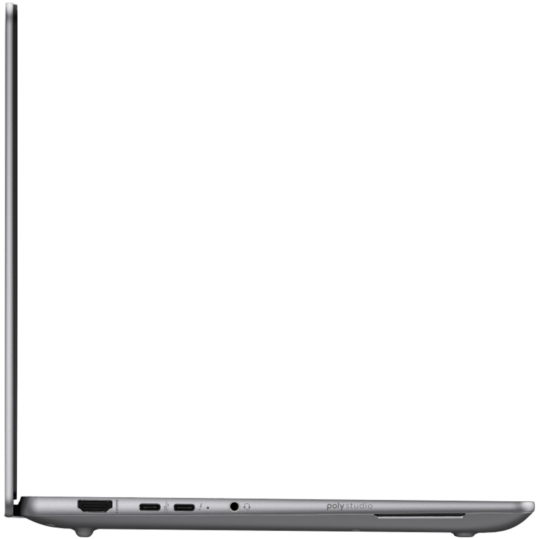 Vista laterale laptop argento con porte HDMI, USB-C e audio.