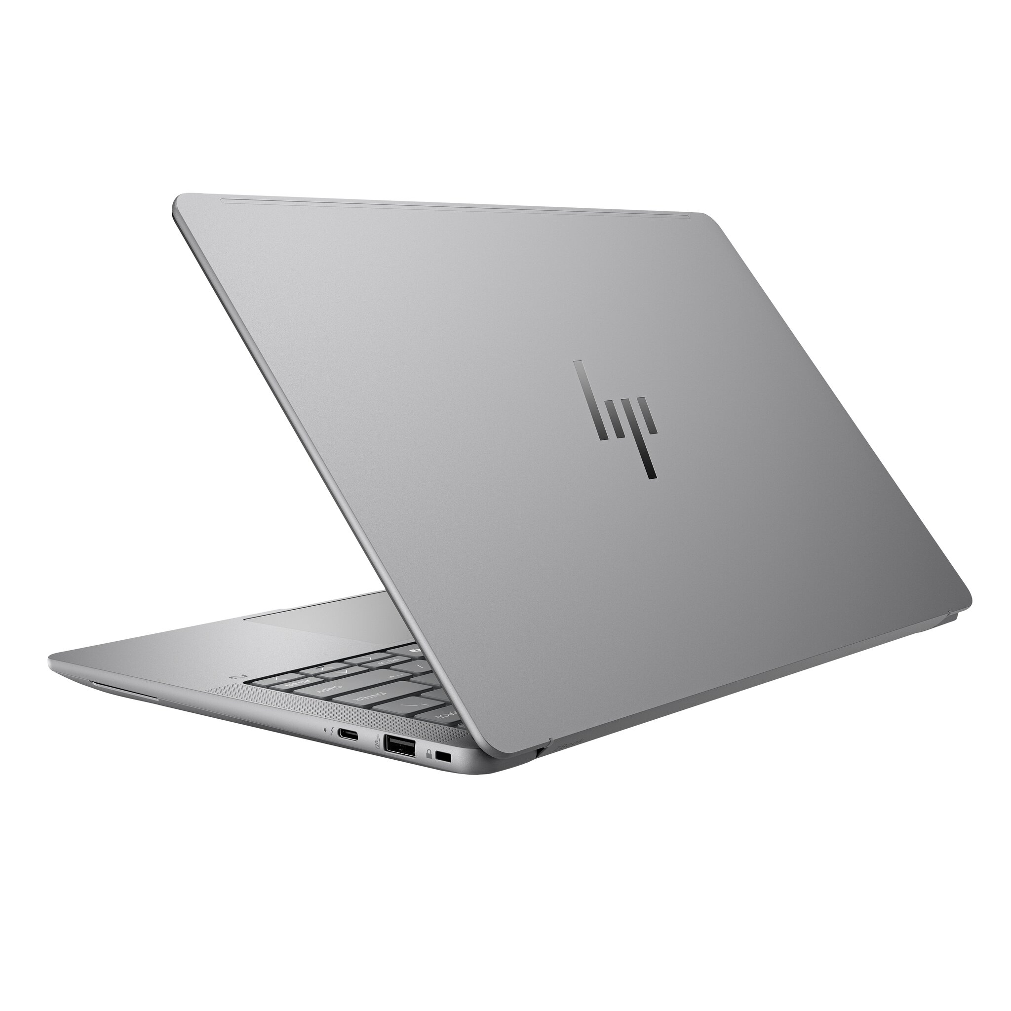 Un laptop HP argentato su sfondo bianco, con il coperchio aperto.