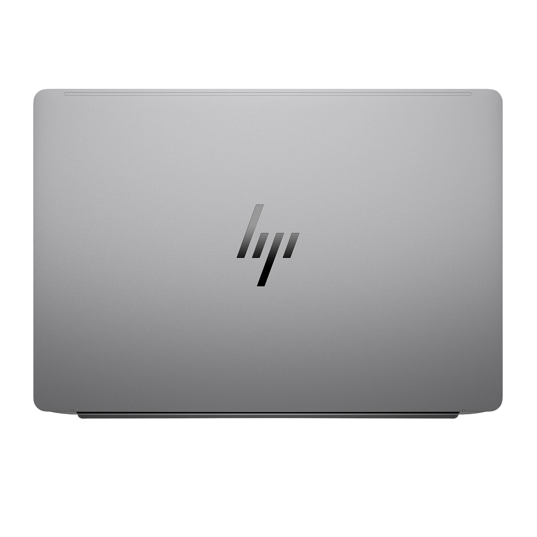 Laptop HP grigio chiuso con logo sul coperchio.