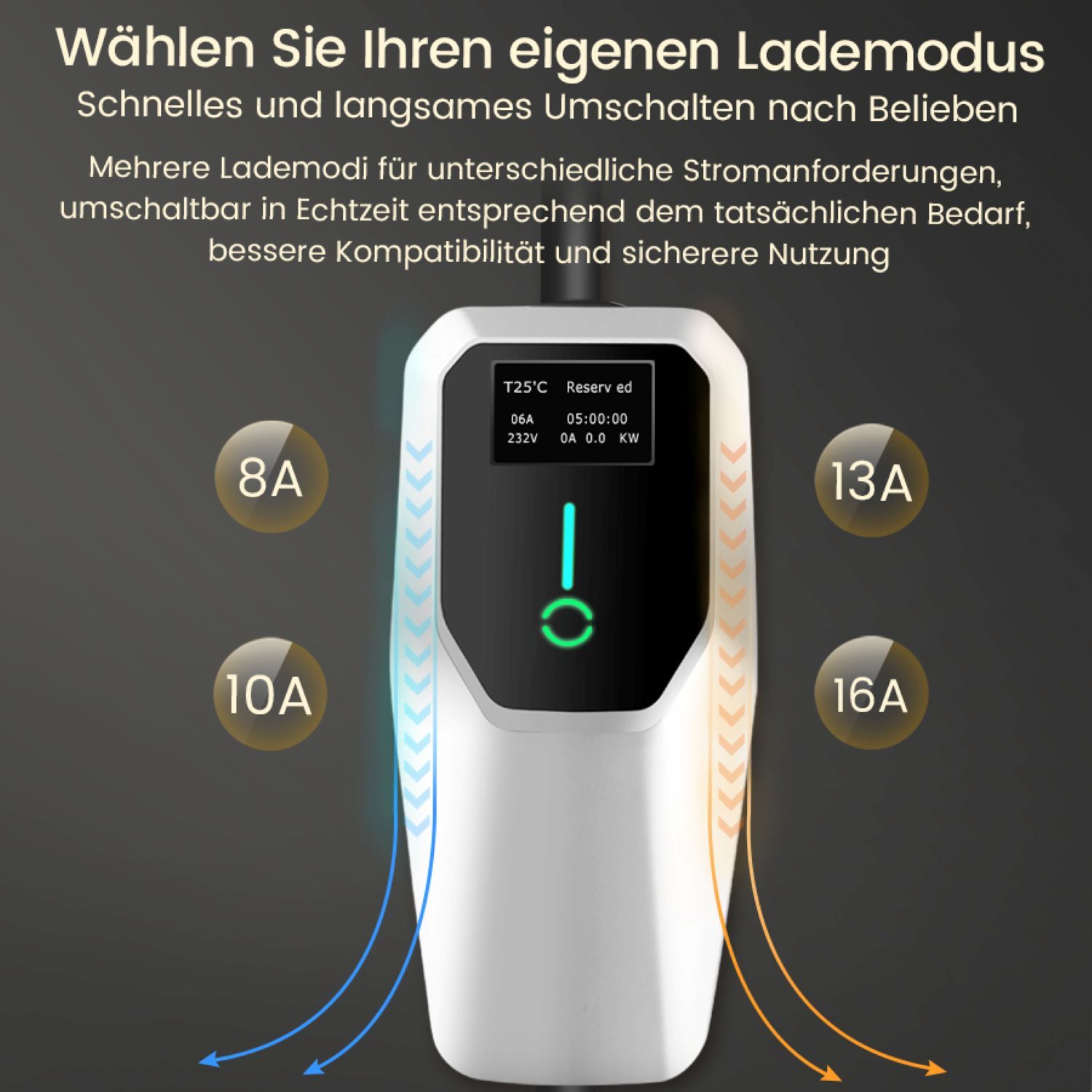 Ladegerät mit Optionen für 8A, 10A, 13A, 16A und digitaler Anzeige.