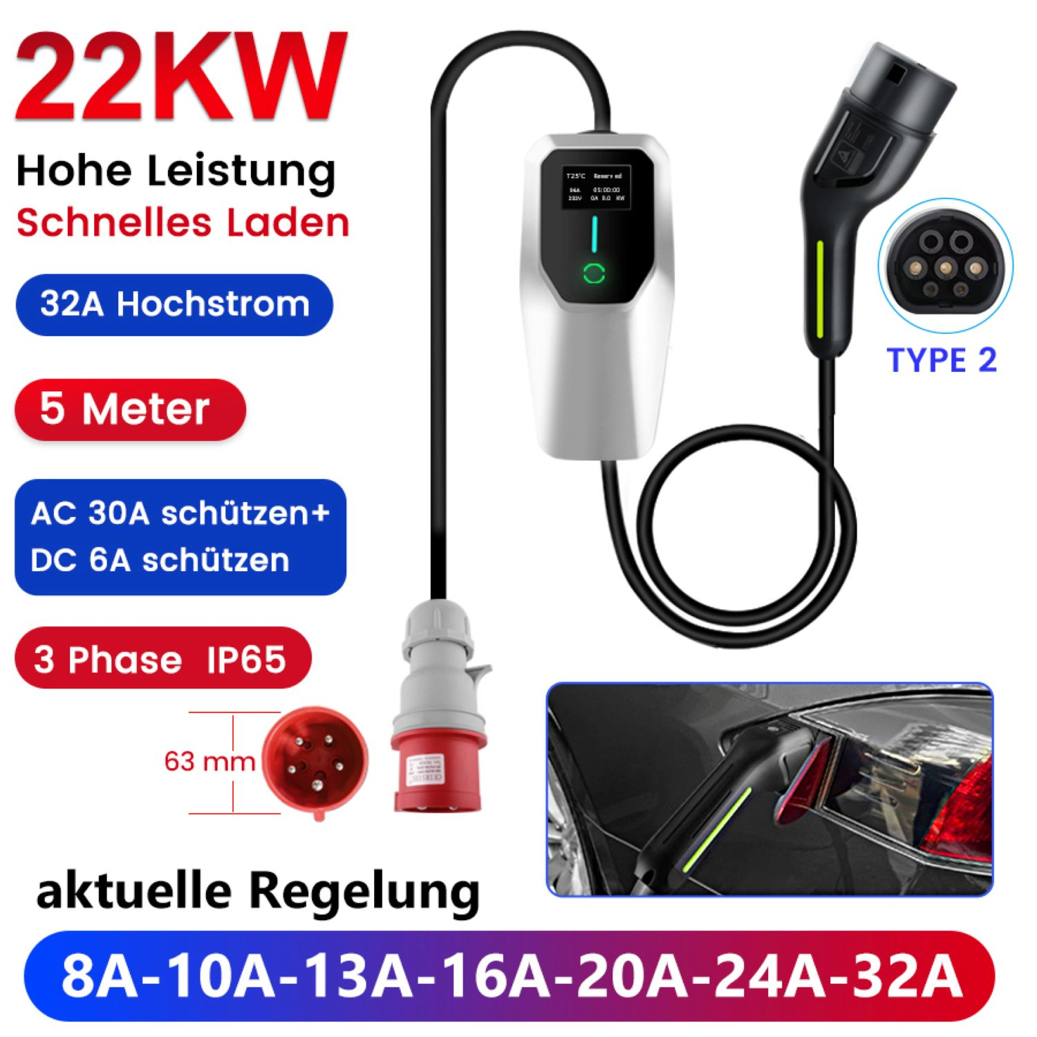 22KW EV Ladegerät mit Typ 2 Stecker, 5m Kabel, 32A, 3-Phasen, IP65.