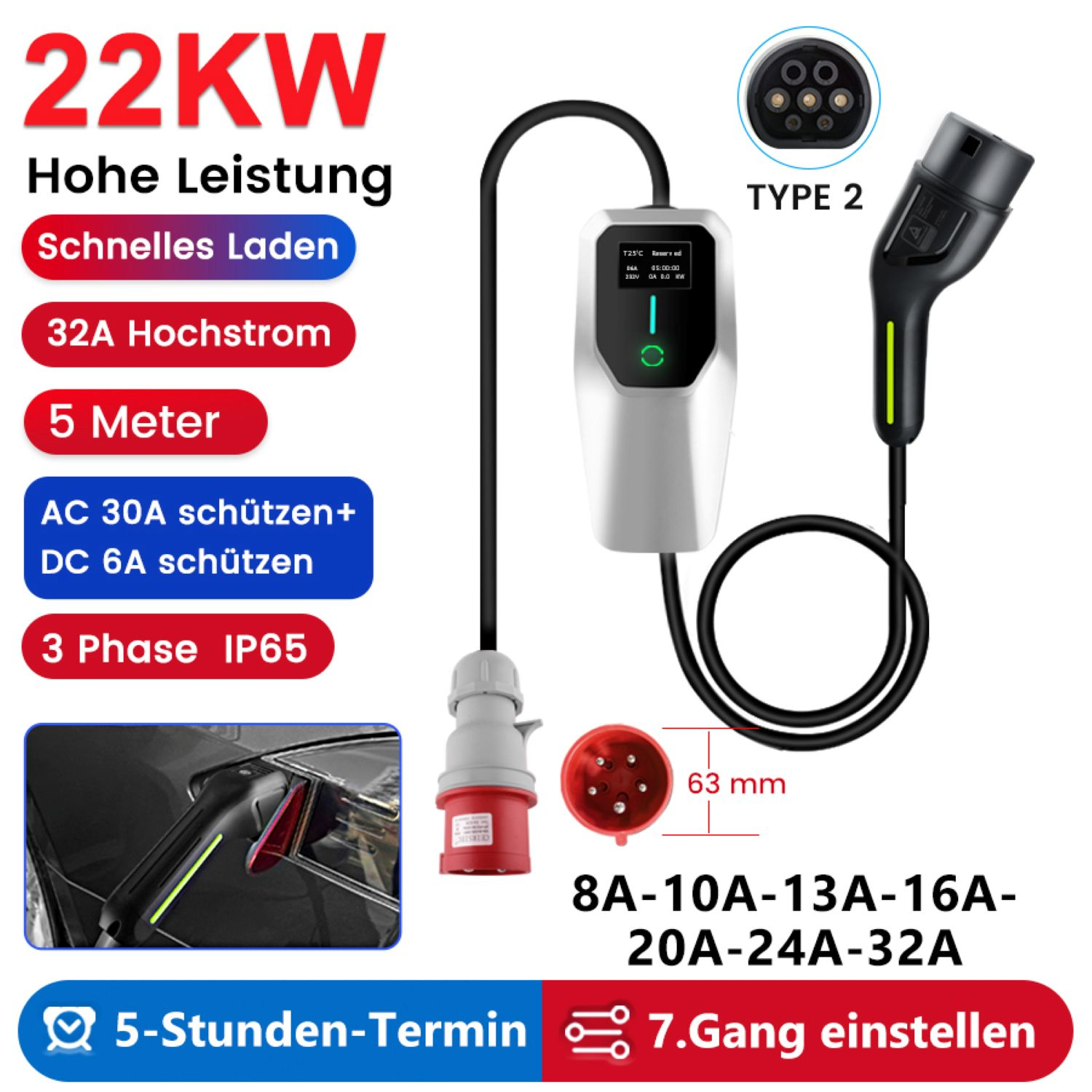 Ladegerät für Elektroautos: 22kW, Typ 2 Stecker, 5m Kabel, 32A, IP65.