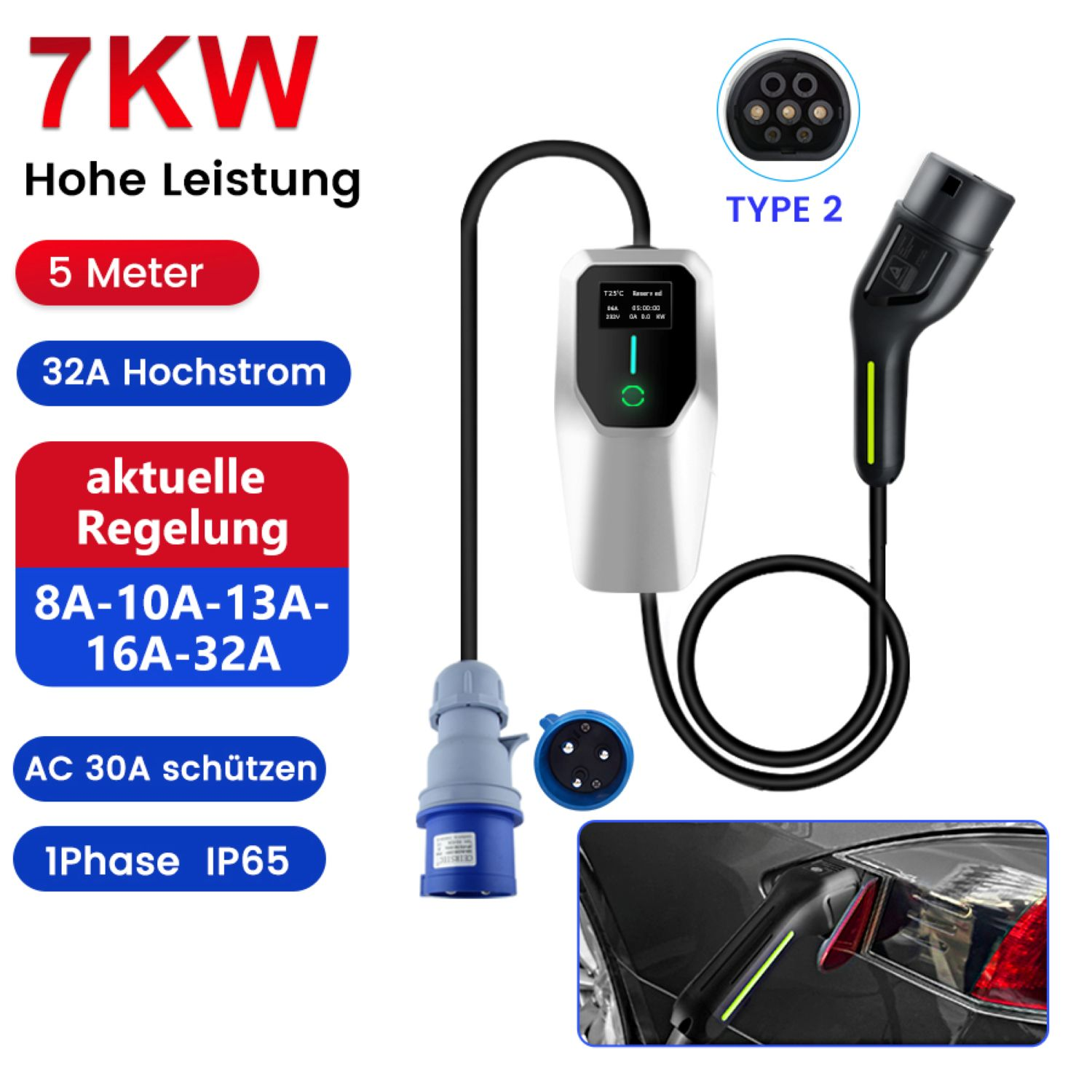 Elektroauto-Ladegerät mit Typ-2-Stecker, 7KW, 5m Kabel, 32A, 1-Phasen-IP65.