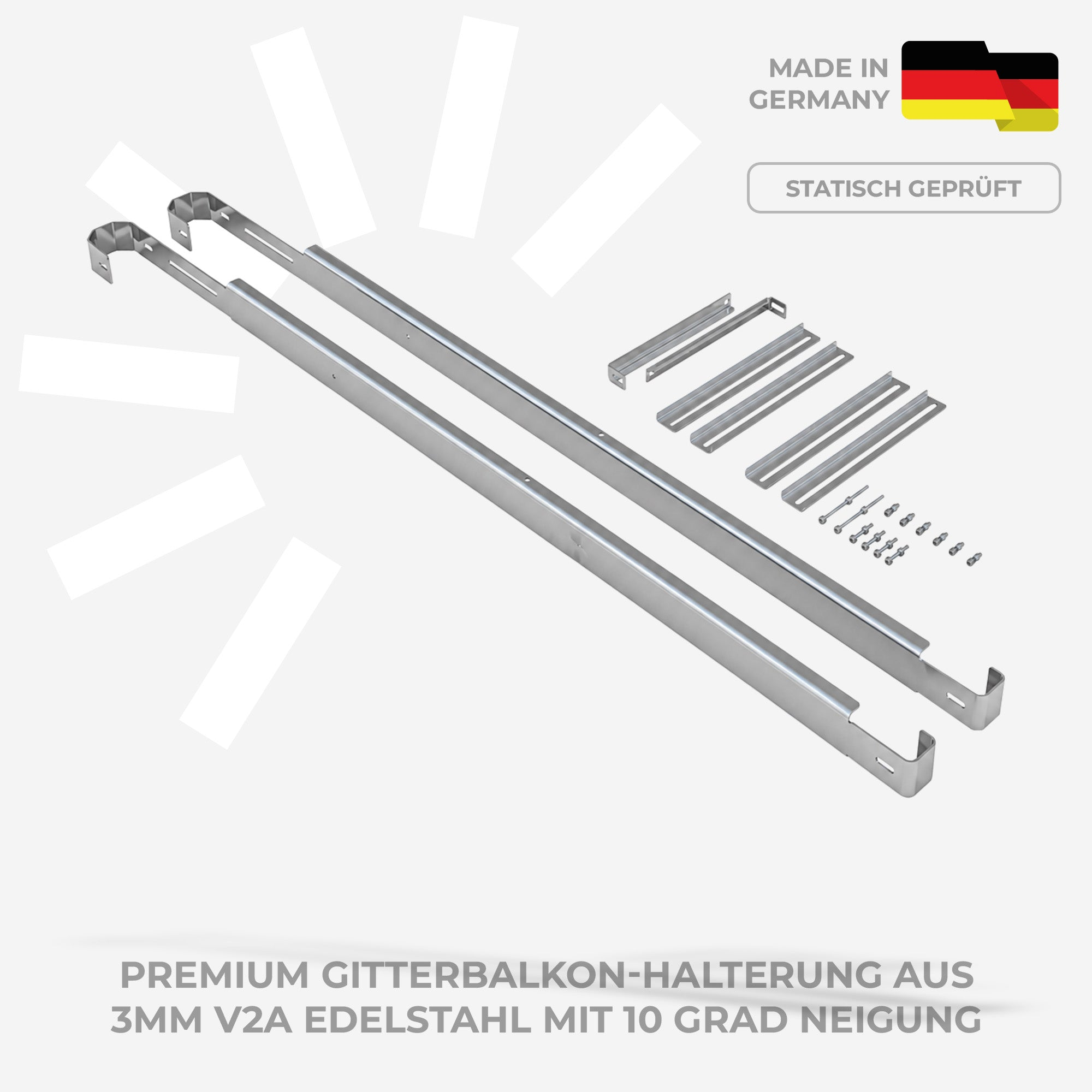 Zwei Edelstahl-Balkonhalterungen mit Zubehör, Made in Germany.