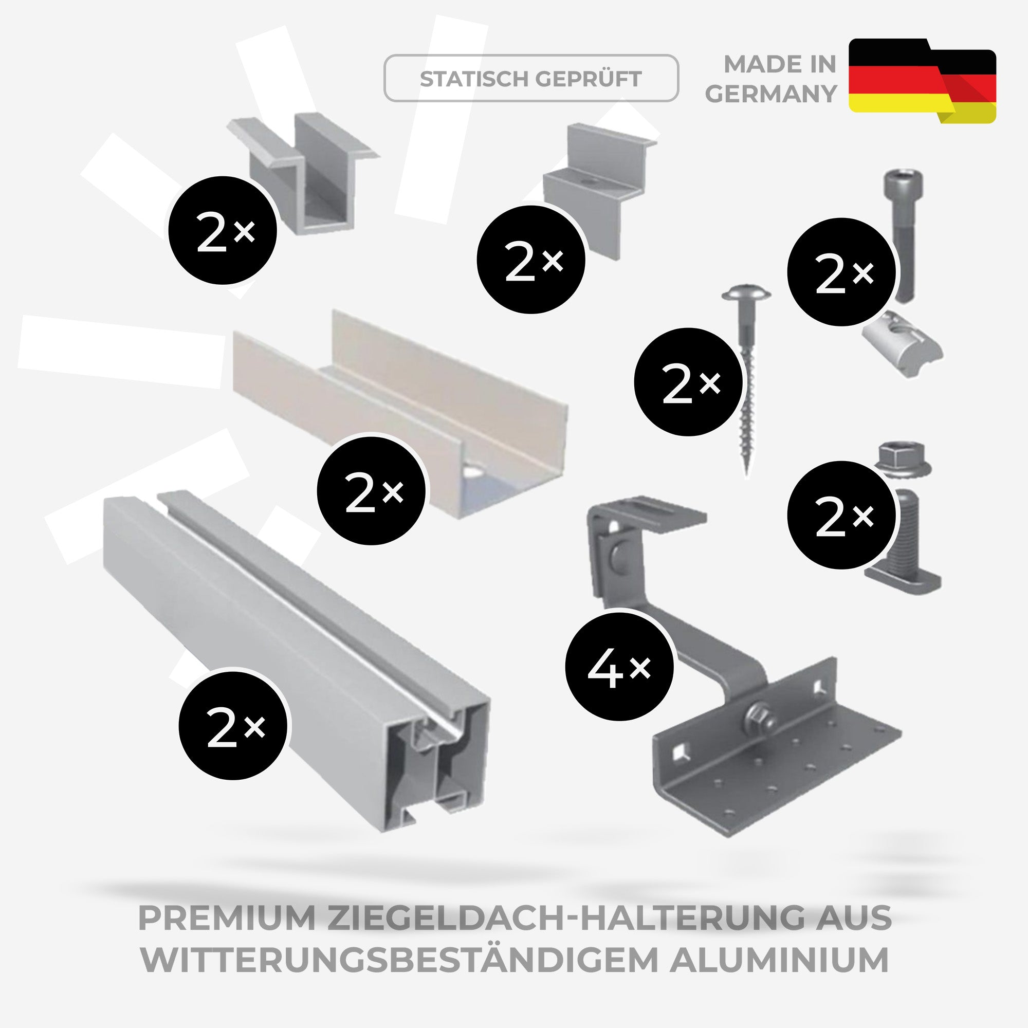 Gestellteile und Schrauben aus Aluminium, made in Germany.
