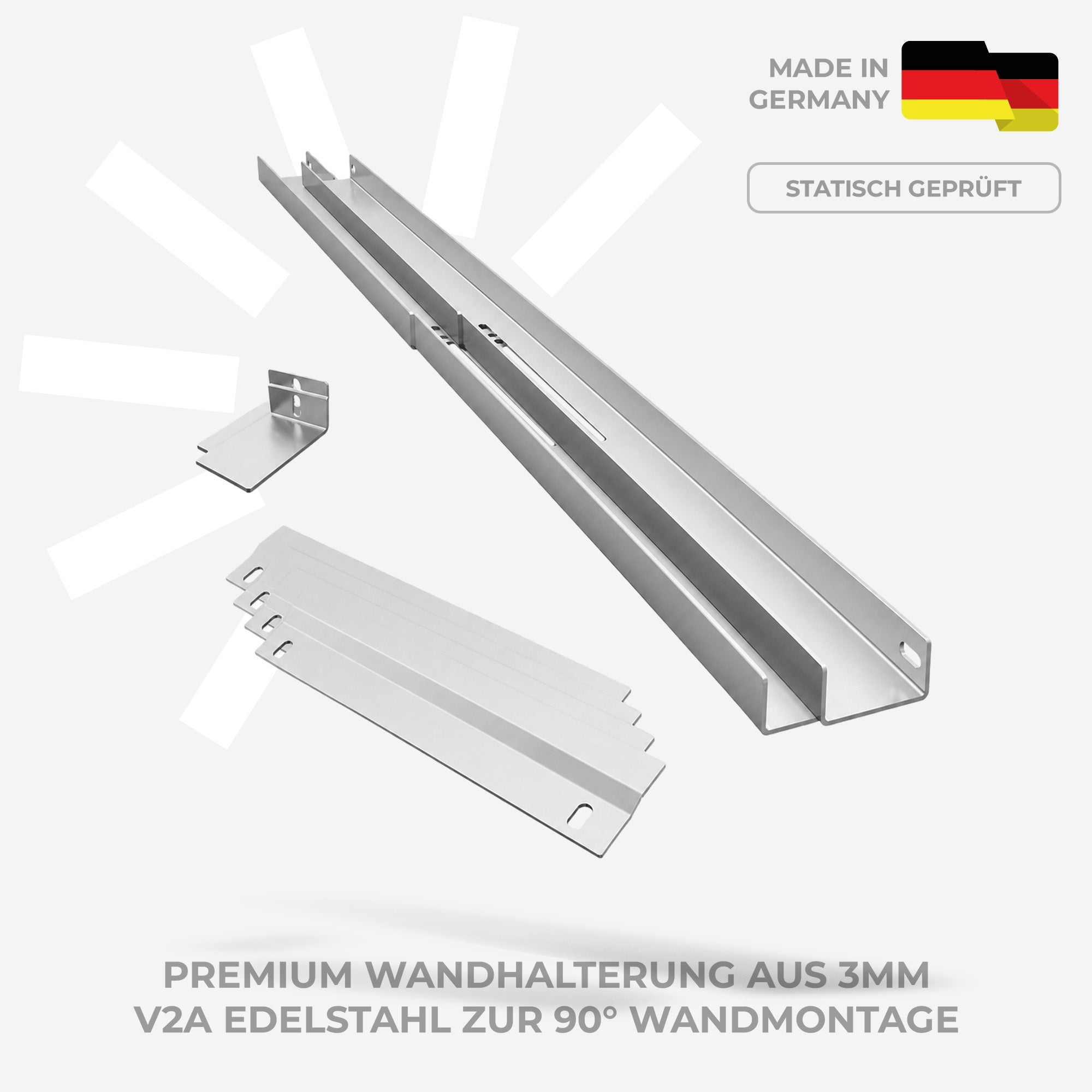 Edelstahl-Wandhalterung: Made in Germany, statisch geprüft. 3mm V2A Stahl.