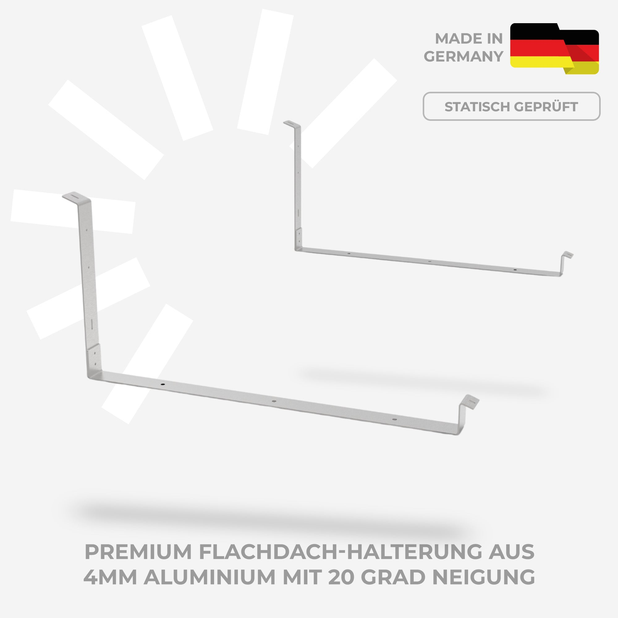 Zwei silberne Aluminiumhalterungen für Flachdächer, Made in Germany, statisch geprüft.