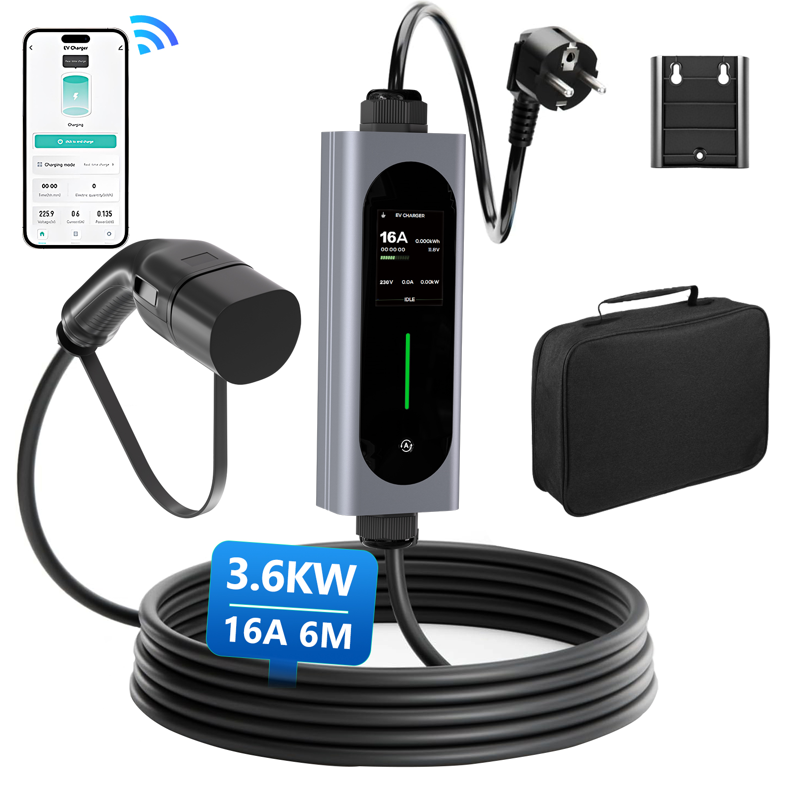 Graues EV-Ladegerät mit schwarzem Stecker, Kabel und Tasche.