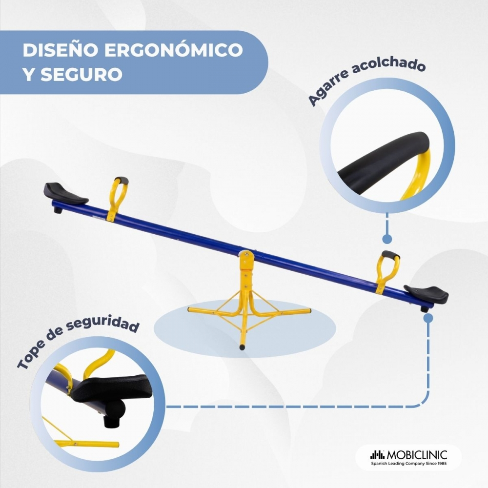 Balanza azul con soporte y mangos amarillos. Muestra agarres acolchados.