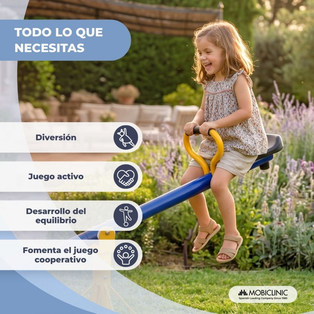 Niña ríe en balancín en parque. Texto lista beneficios: diversión, juego activo, equilibrio, cooperación.