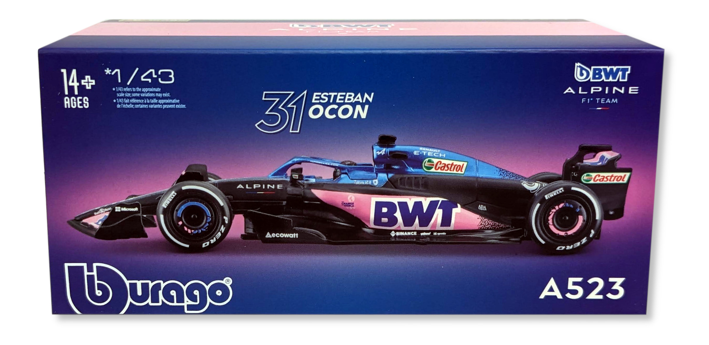 Un'auto modello Alpine F1 1:43 di Esteban Ocon, con marchio BWT.