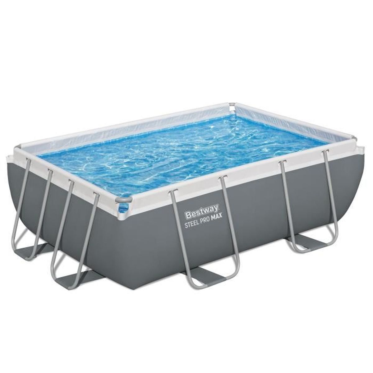 Rechteckiger Bestway Steel Pro Max Pool mit blauem Wasser und Metallrahmen.
