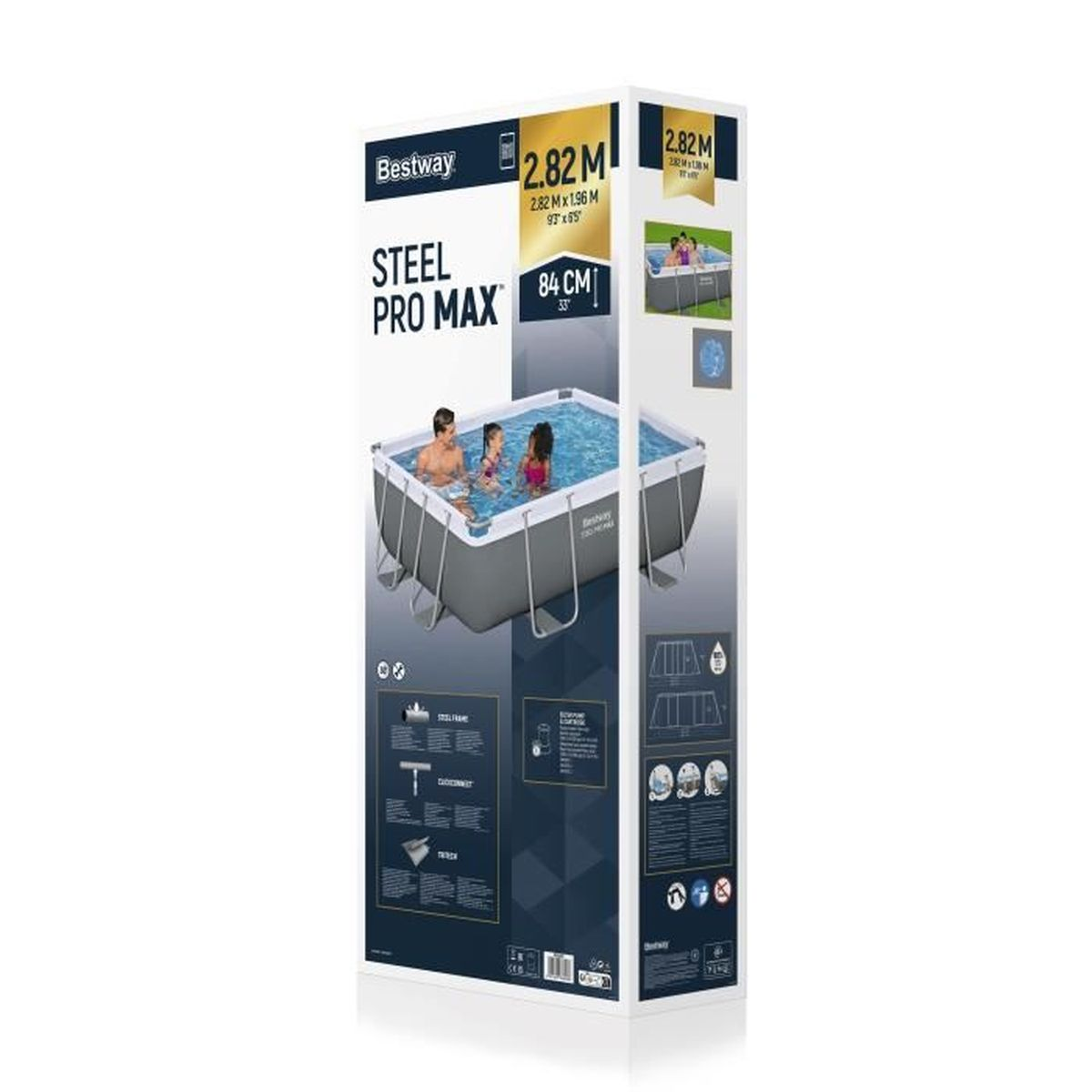 Bestway Steel Pro Max Poolverpackung mit Familie im Pool.