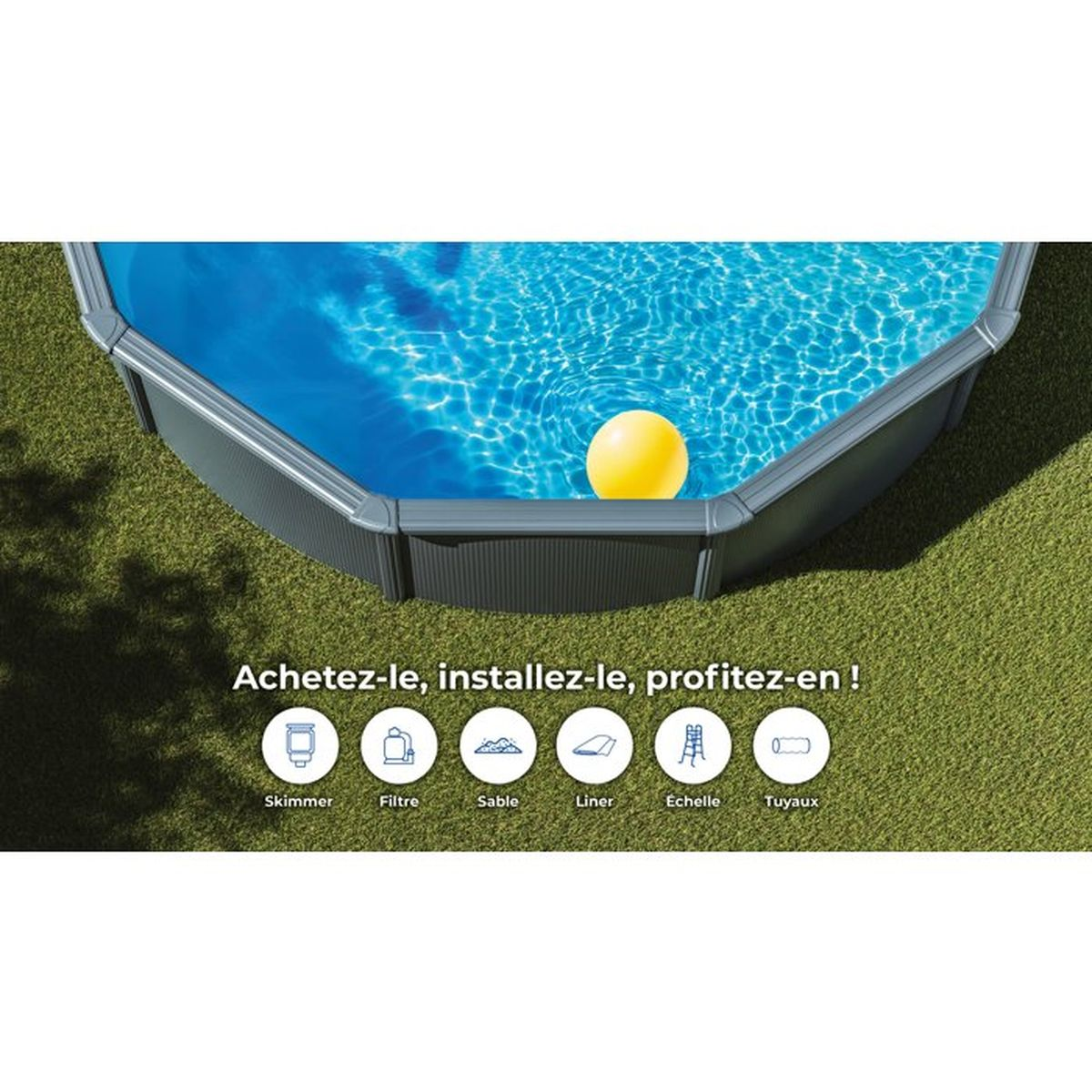 Ein aufblasbarer Pool mit gelbem Ball auf dem Rasen, Zubehör-Icons unten.
