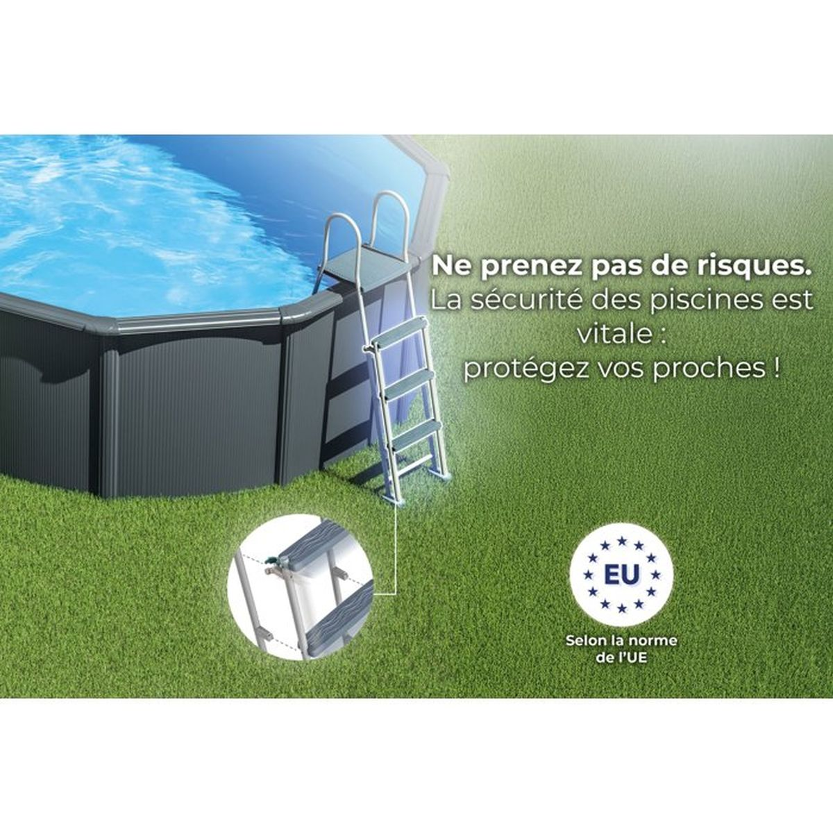 Grauer Pool mit Leiter auf grünem Gras, EU-Logo. Sicherheit ist wichtig.