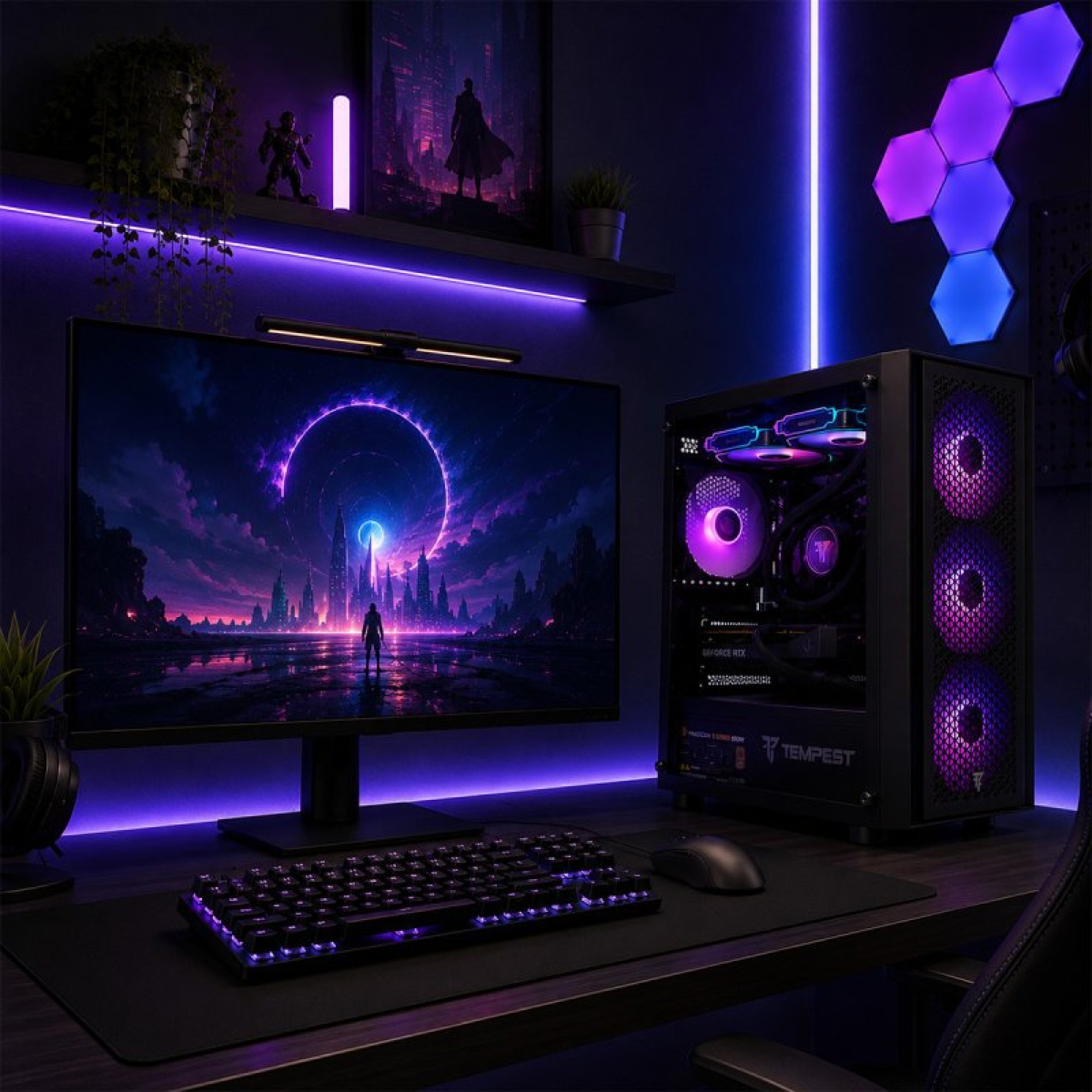 Una postazione da gaming con illuminazione RGB, PC nero, tastiera e mouse.