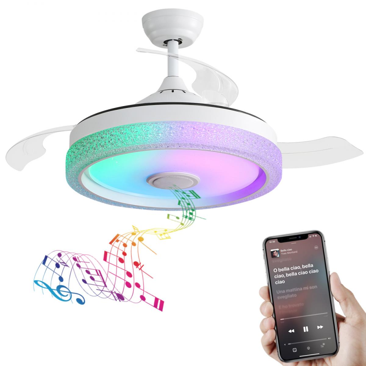 Deckenventilator mit Farbwechsel-LED und Musikwiedergabe über Smartphone.