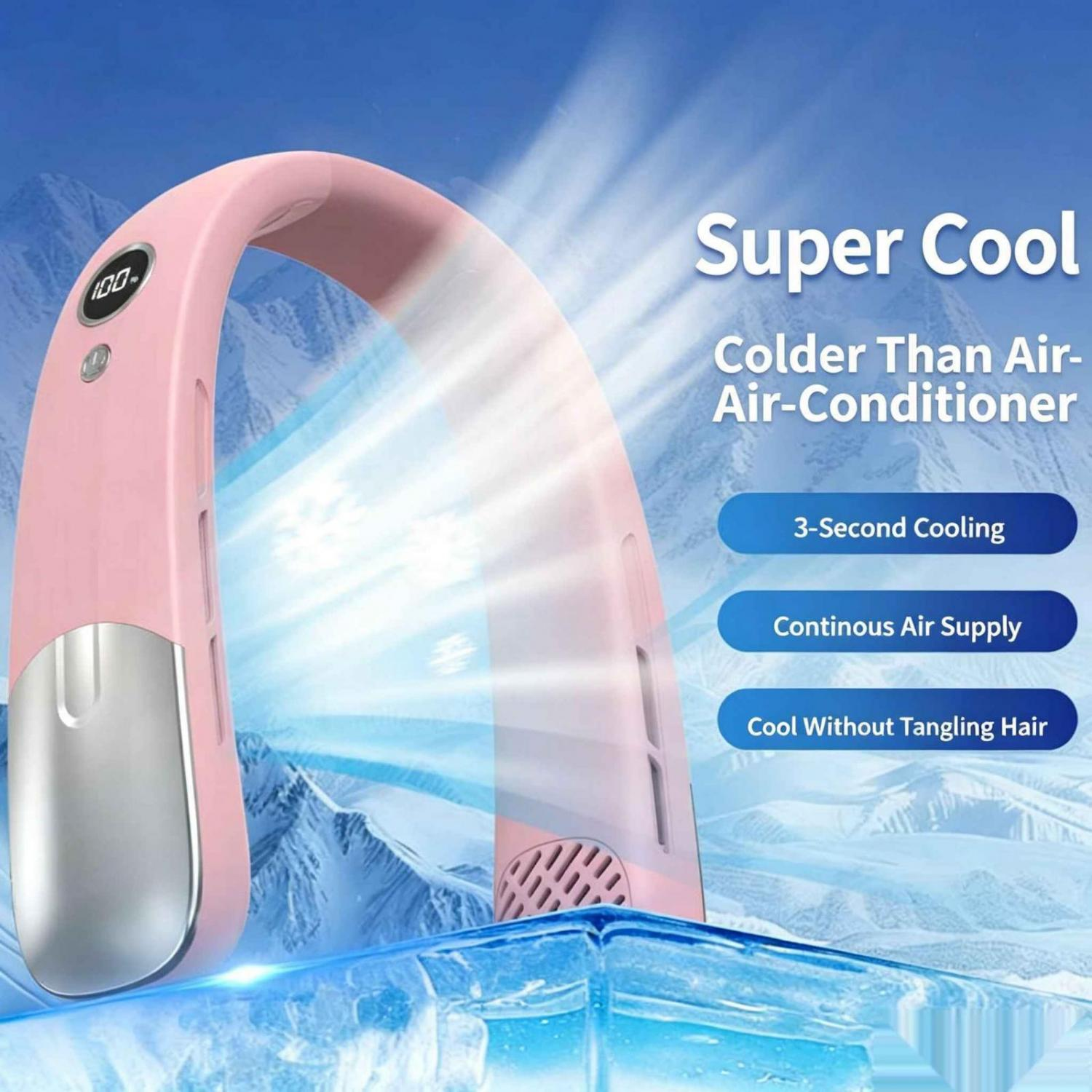 Ein rosa Nackenventilator mit digitaler Anzeige vor einer eisigen Bergkulisse.