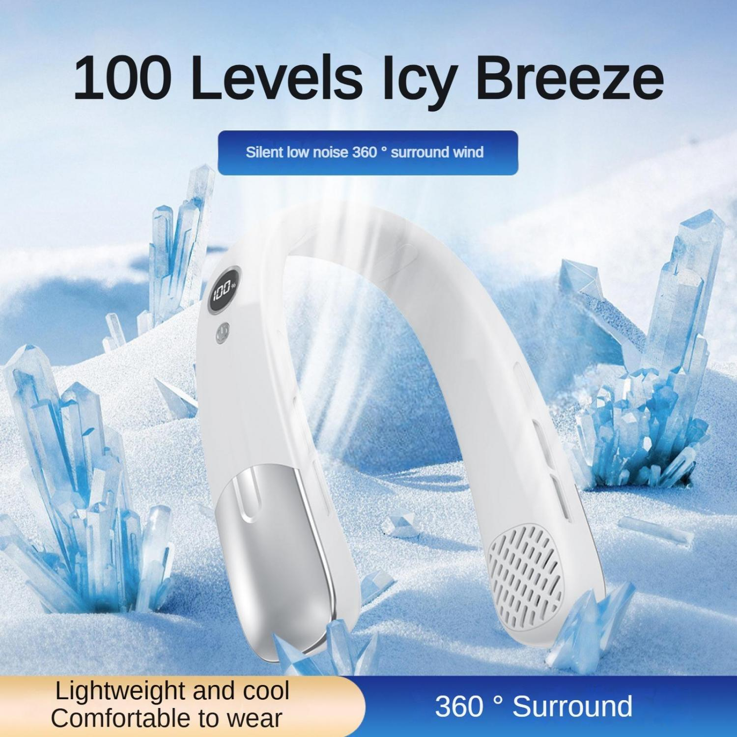 Tragbarer Ventilator mit 100 Stufen, umgeben von Eis und Text.