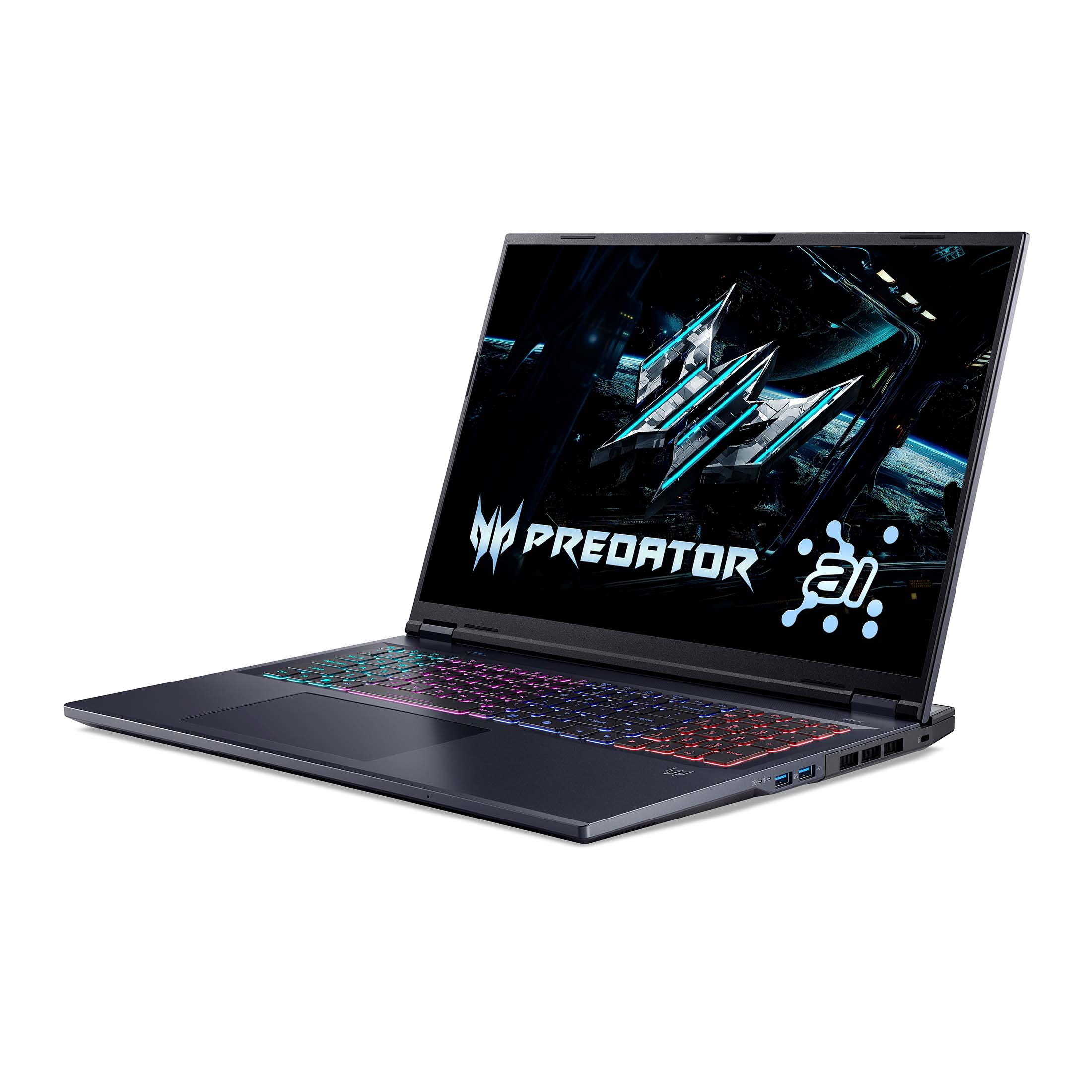 Ein dunkler Laptop mit beleuchteter Tastatur und Predator-Logo auf dem Bildschirm.