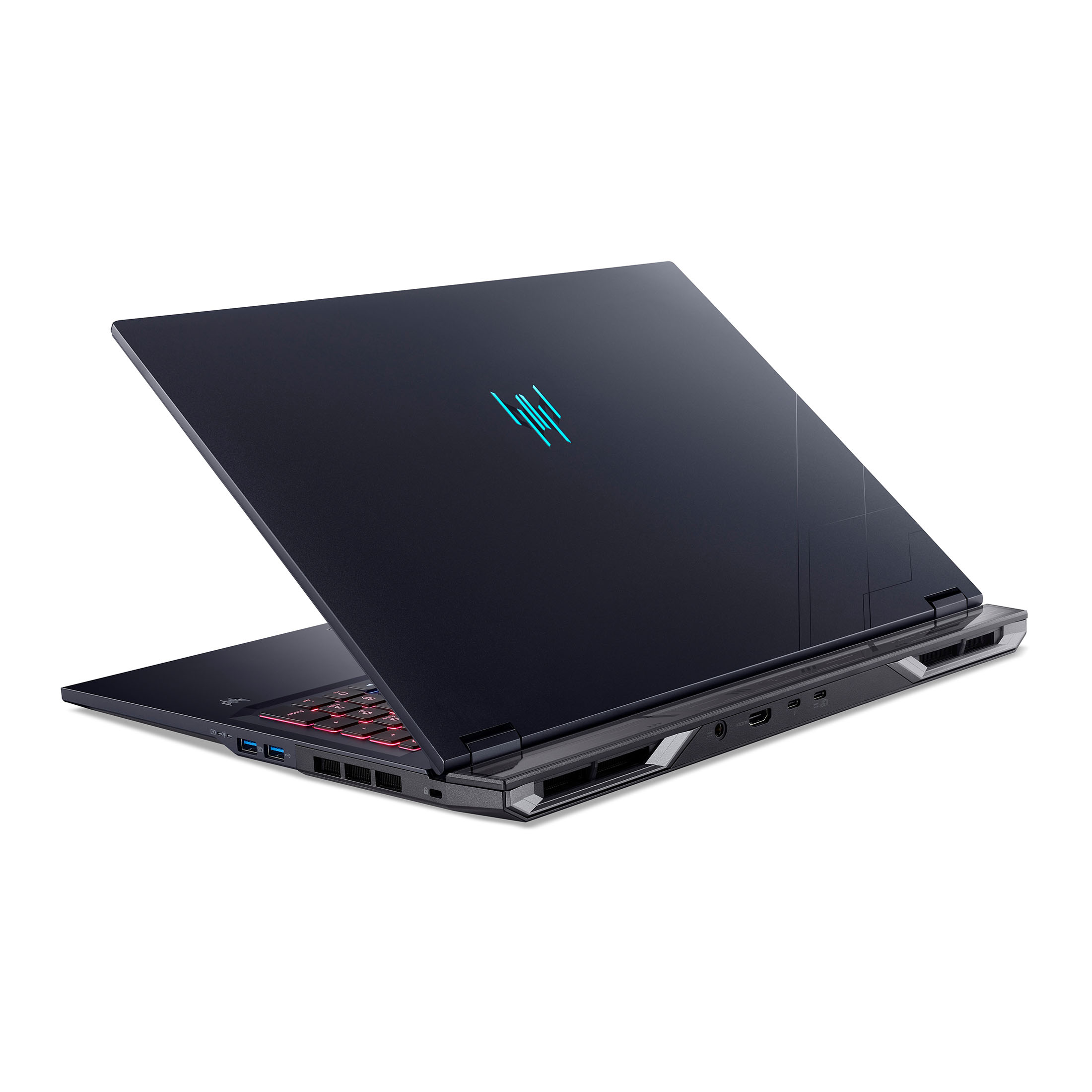 Ein dunkler Laptop mit beleuchteter Tastatur und blauem Logo auf dem Deckel.