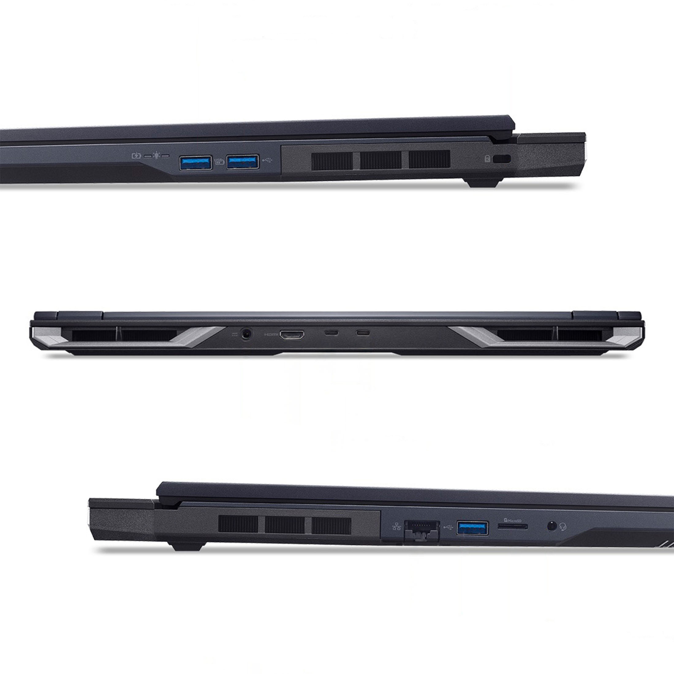 Seitenansicht eines schwarzen Laptops mit USB- und Lüftungsschlitzen.