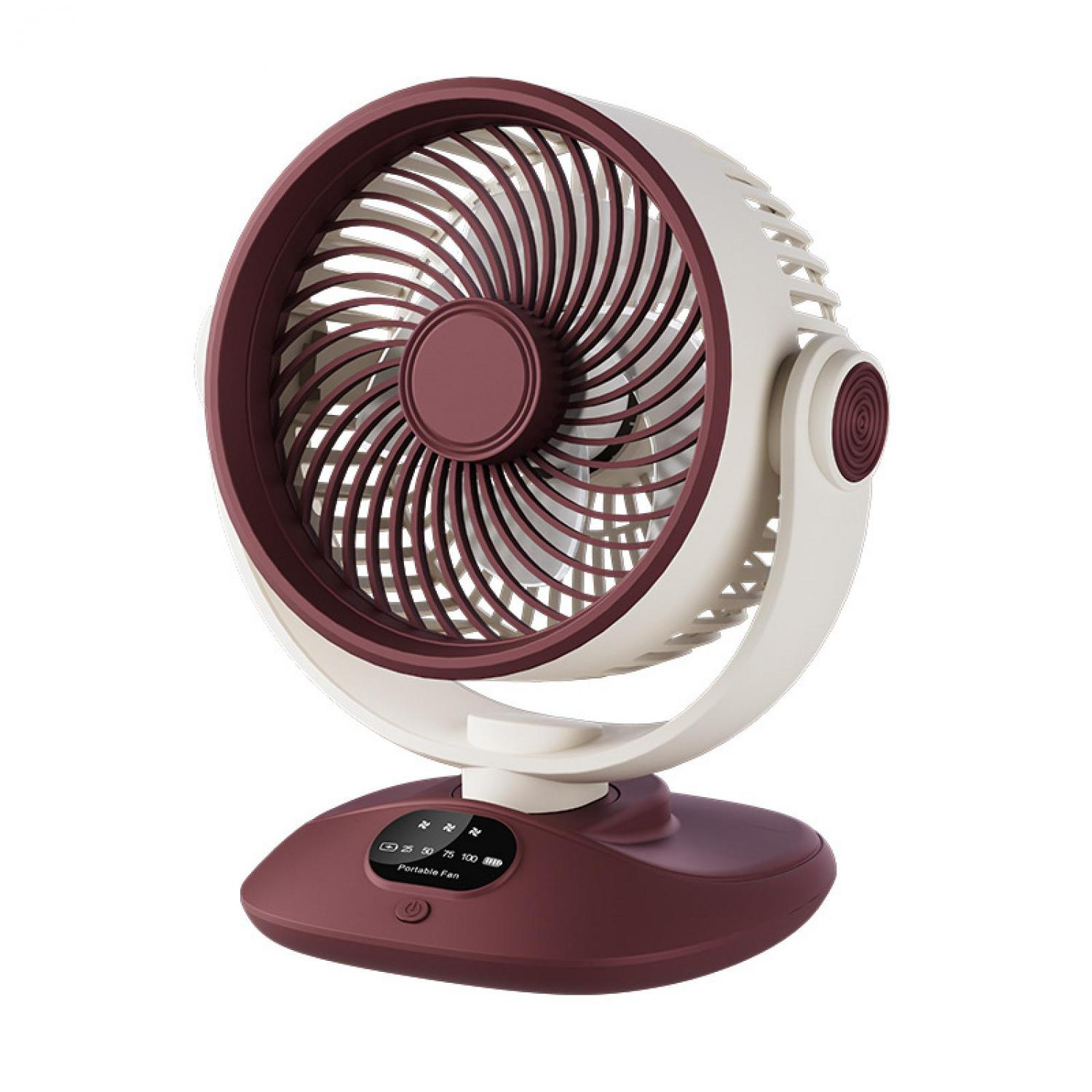 Ein beiger und weinroter Tischventilator mit Display und Ein-/Aus-Taste.