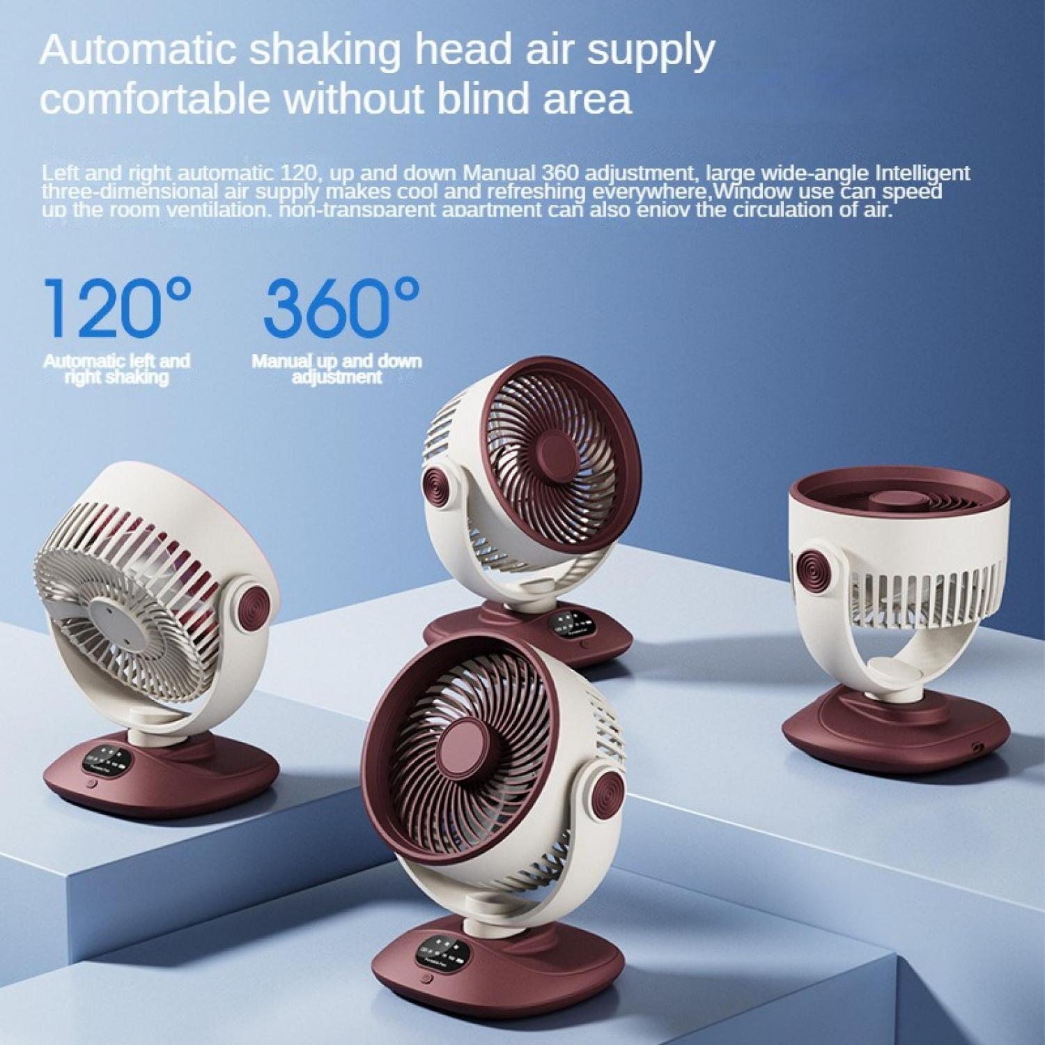 Drei weiße und bordeauxrote Ventilatoren auf blauen Stufen.