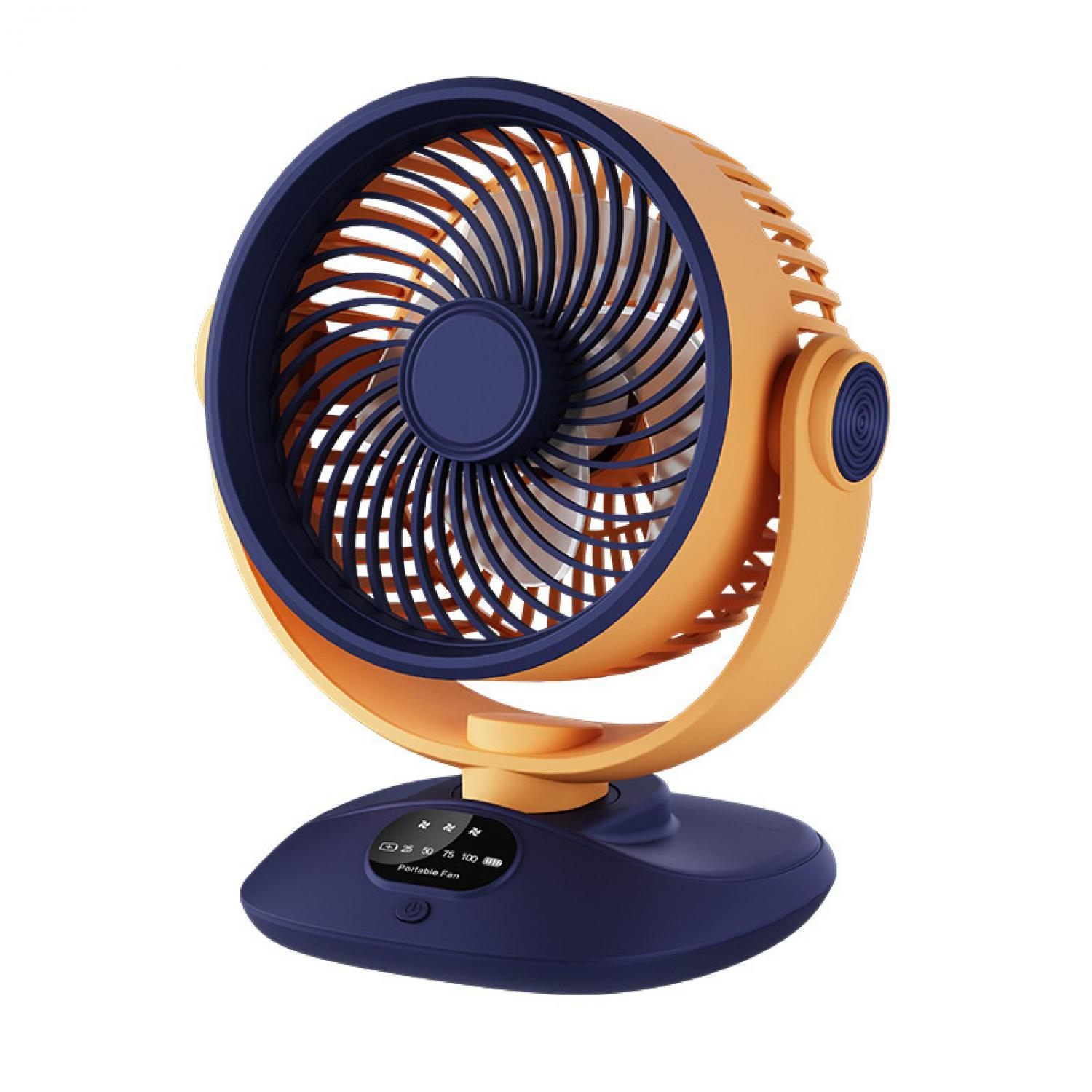Ein tragbarer Ventilator mit blauem Sockel und Gitter, und orangefarbenem Rahmen. Er hat ein Digitaldisplay.