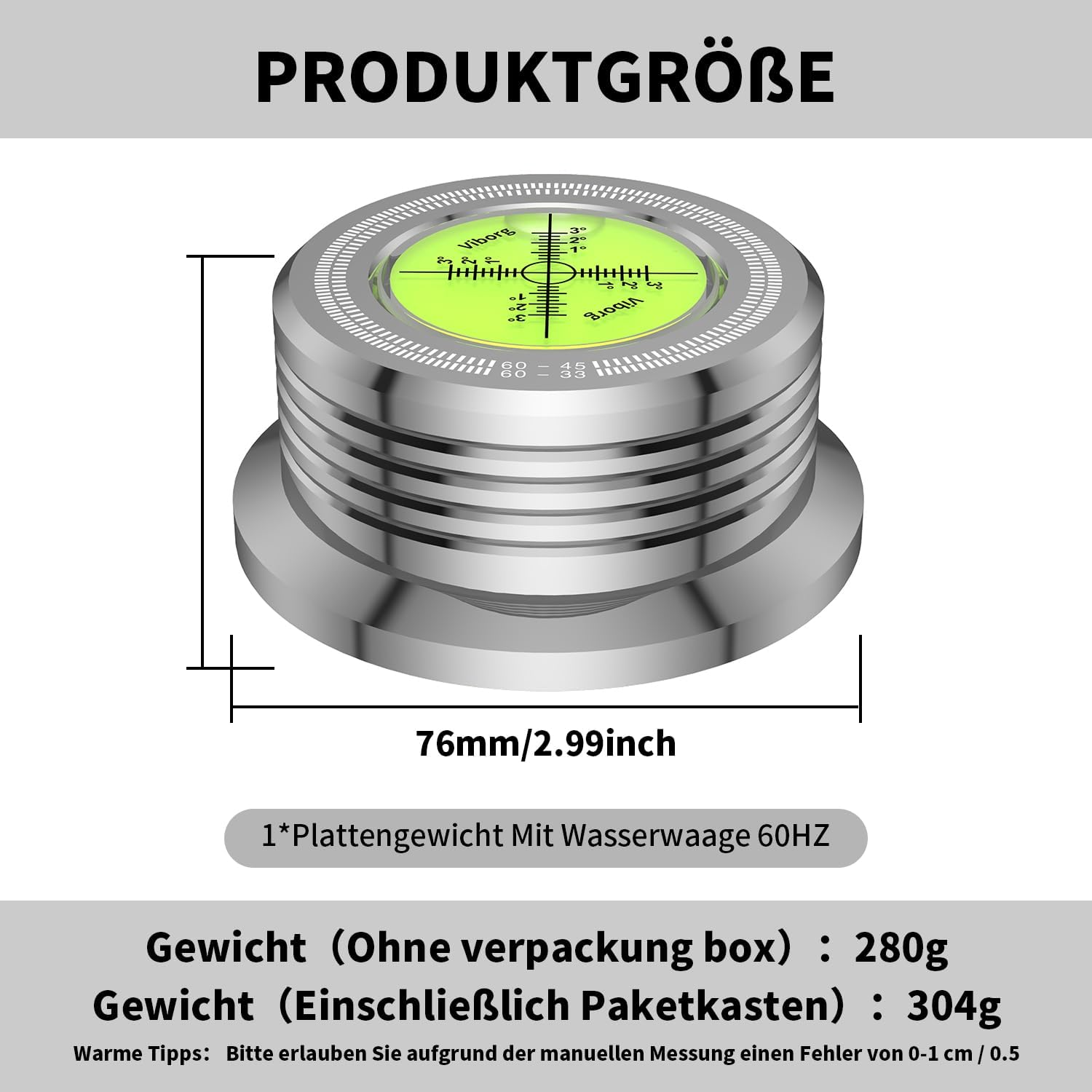 Ein silbernes Plattengewicht mit integrierter Wasserwaage, 76mm breit.