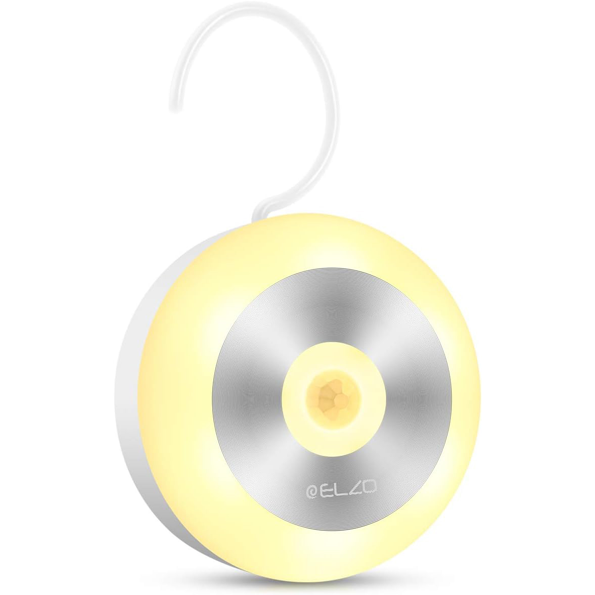 Runde Lampe mit Haken, silbernem Kern und Bewegungssensor.