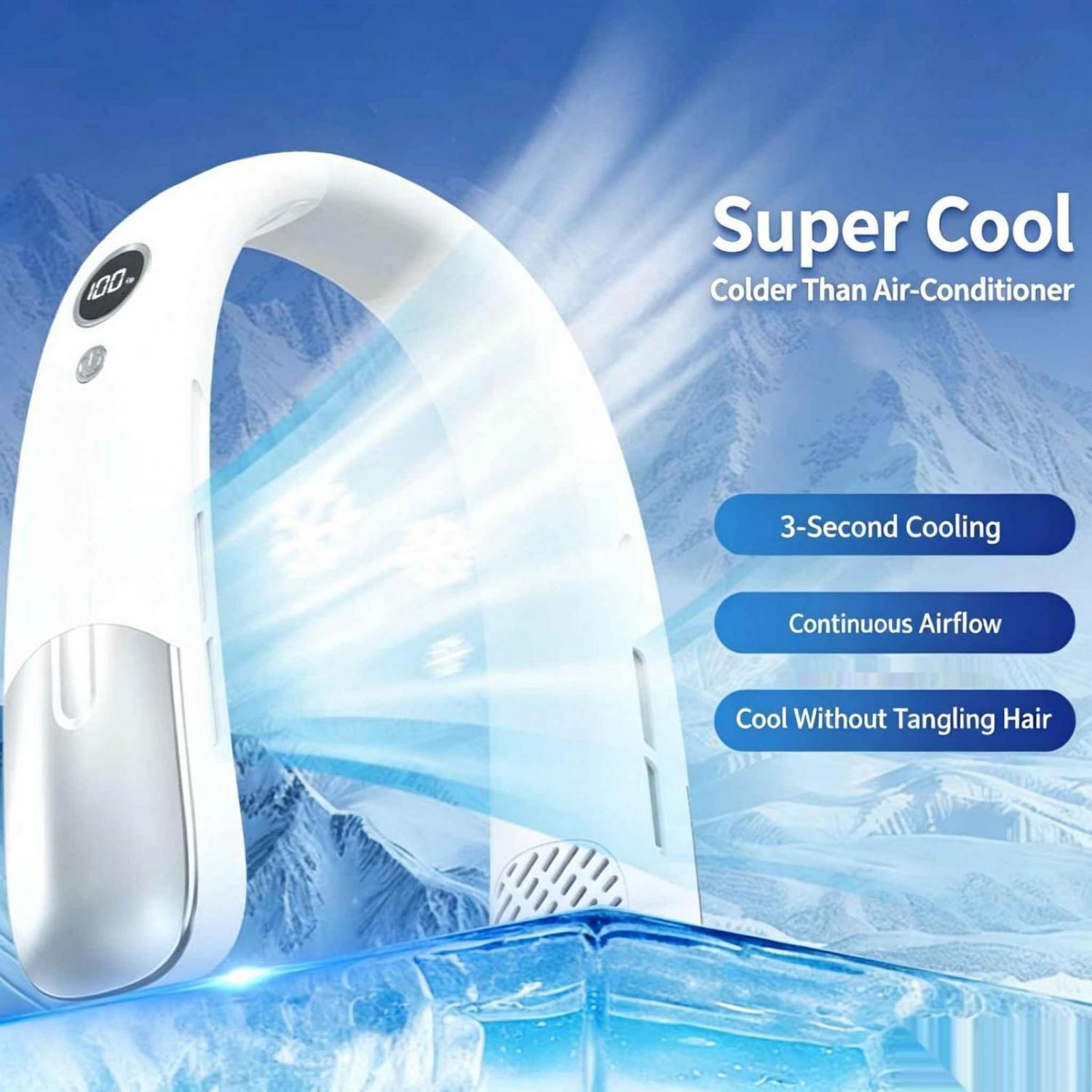 Weißer Nackenventilator mit Digitalanzeige, vor eisigem Berggrund.