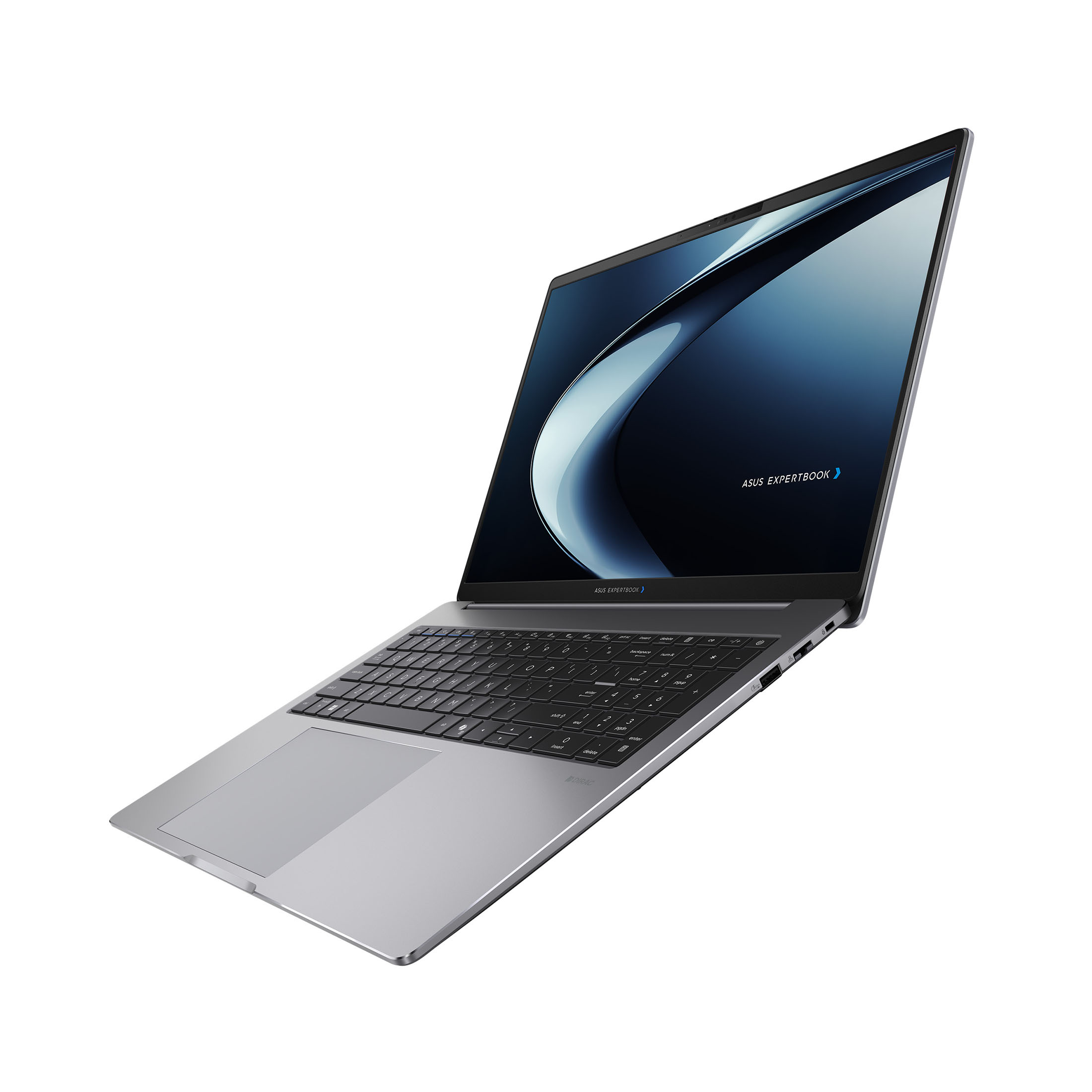 Ein silberner Asus Expertbook Laptop mit einem dunklen Hintergrund auf dem Bildschirm.