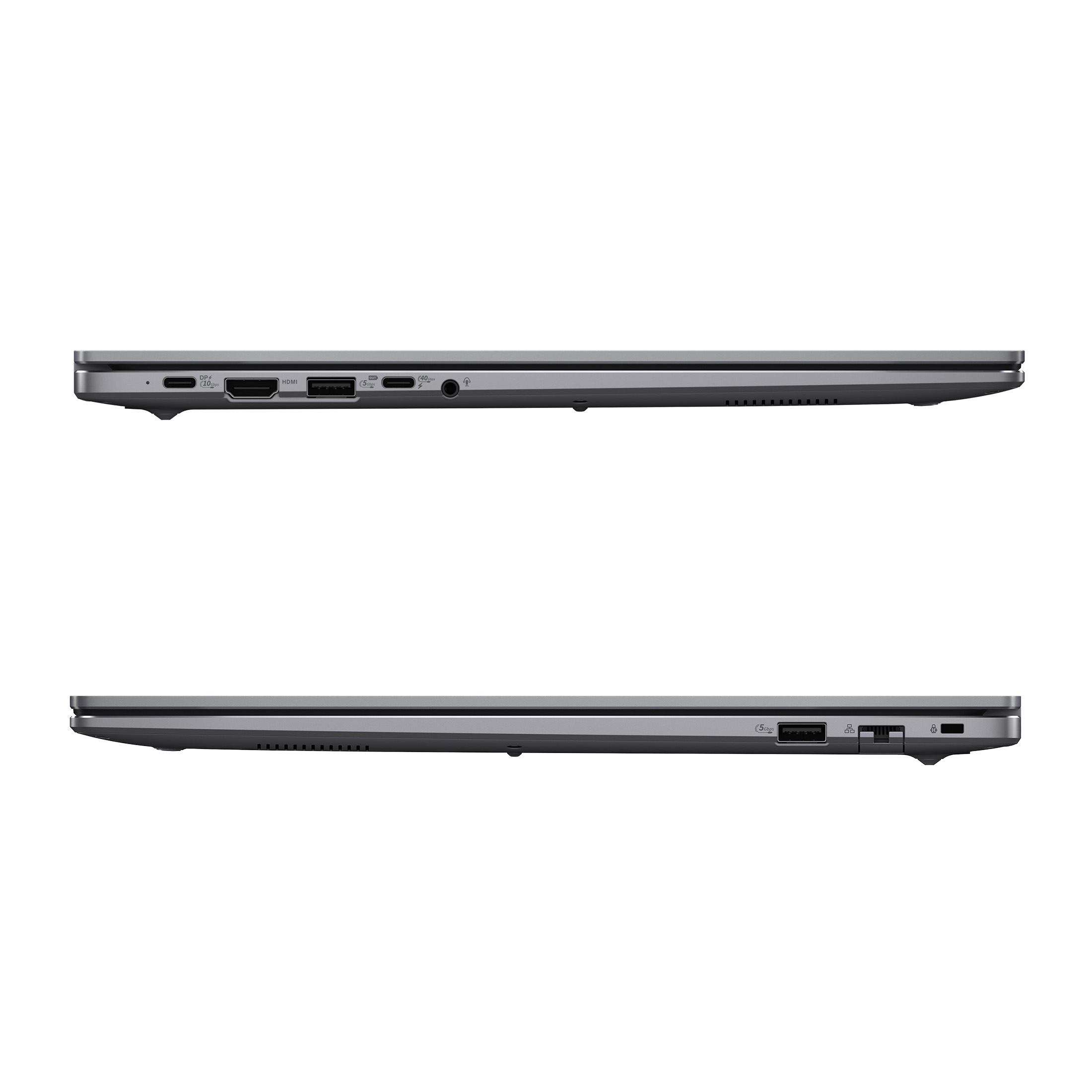 Zwei graue Laptops von der Seite mit Anschlüssen: USB-C, HDMI, USB-A, Kopfhöreranschluss.