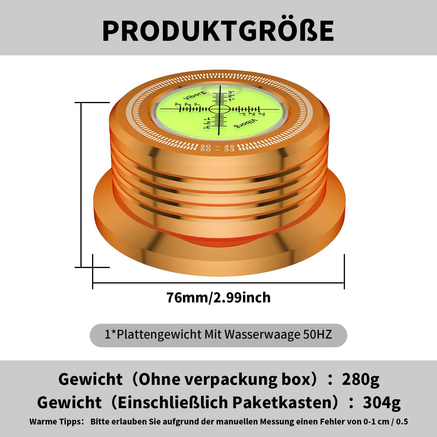 Ein goldener Plattengewicht mit Wasserwaage, 76mm breit. Es wiegt 280g ohne Box.