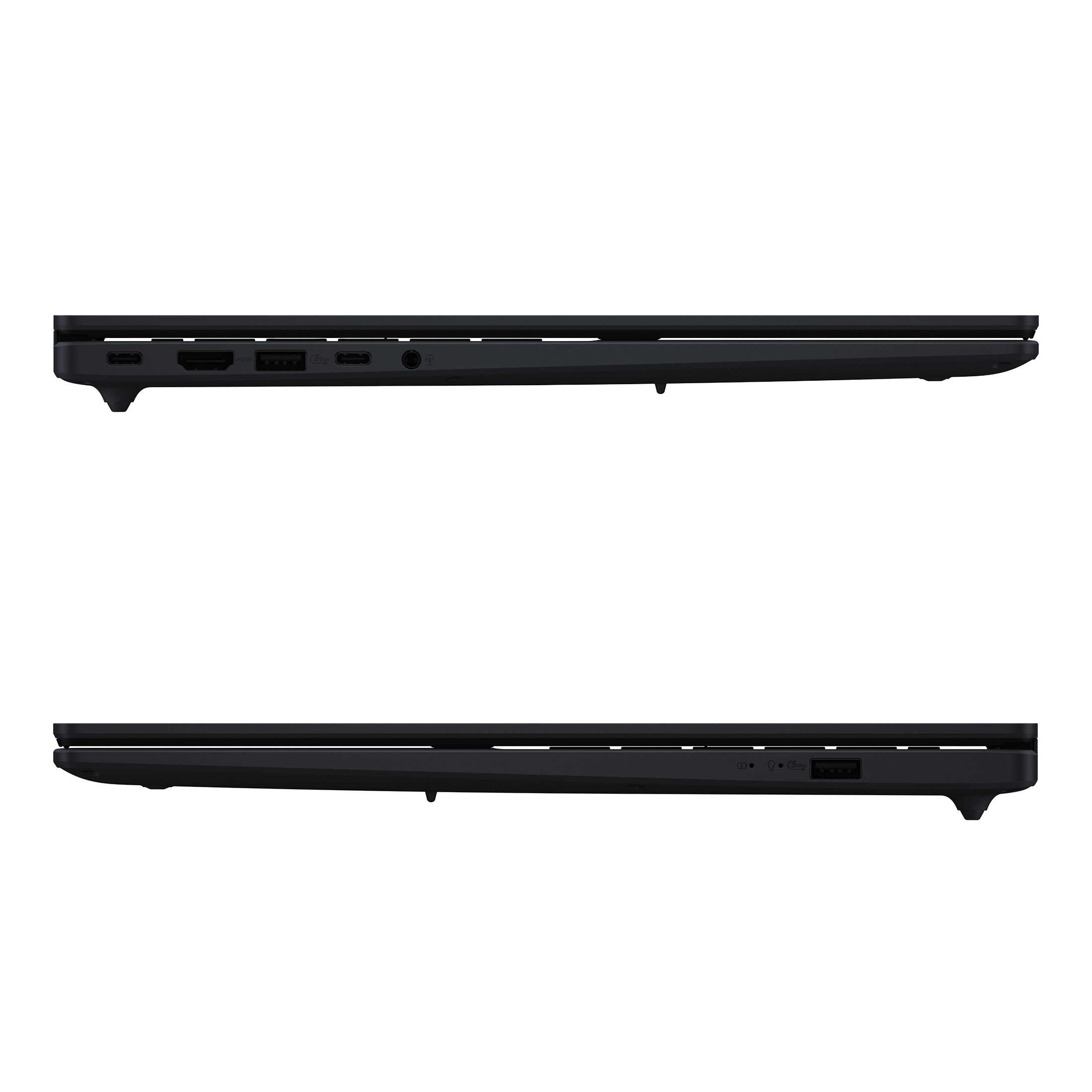 Draufsicht auf die Seitenanschlüsse eines geschlossenen schwarzen Laptops.