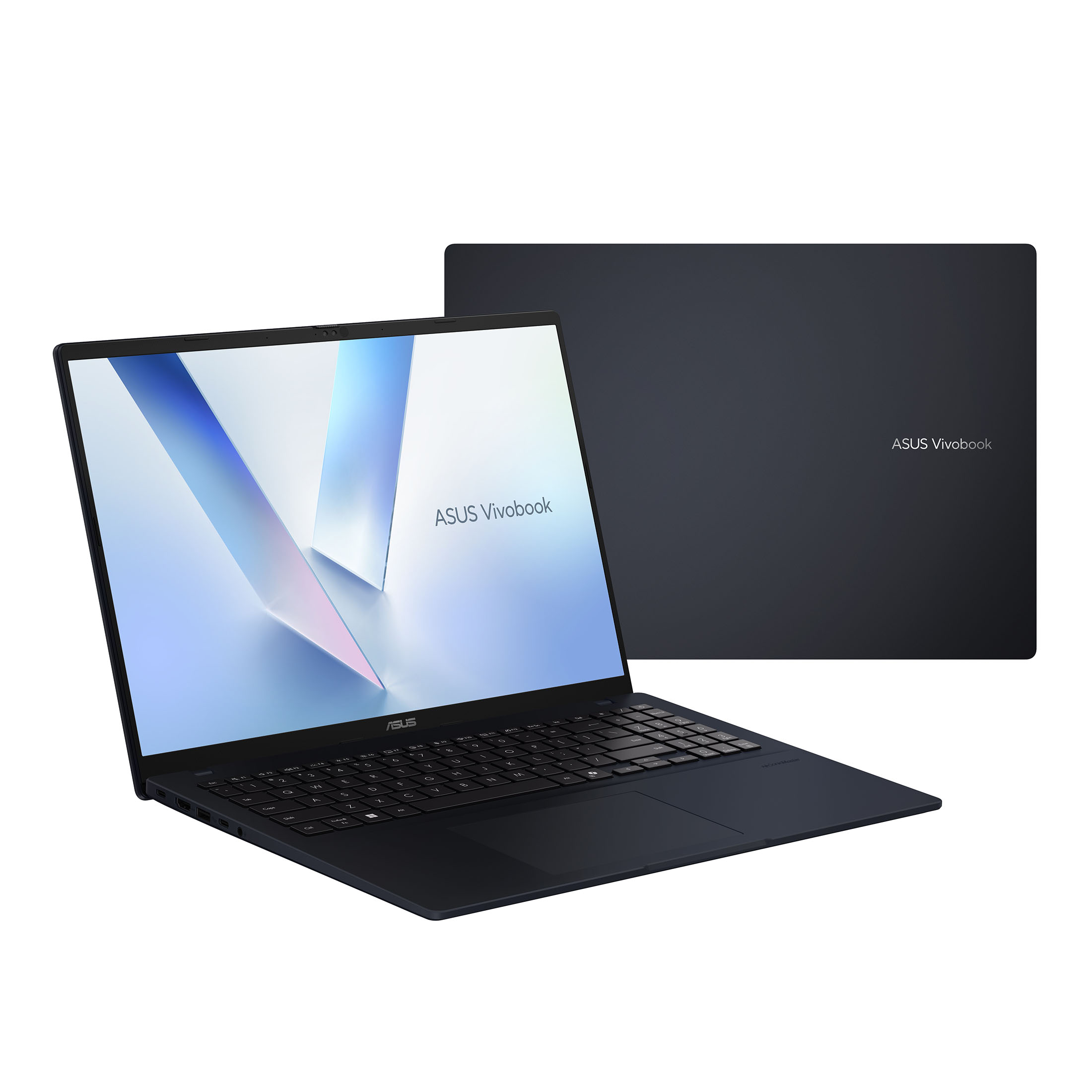 Ein dunkelblauer ASUS Vivobook Laptop wird gezeigt, geöffnet mit dem Bildschirm, der eine Grafik anzeigt.
